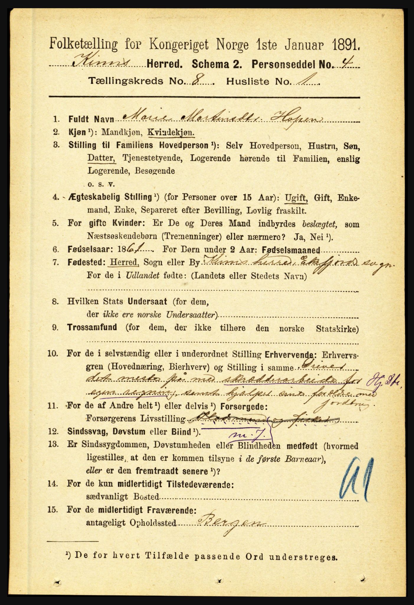 RA, 1891 census for 1437 Kinn, 1891, p. 3109