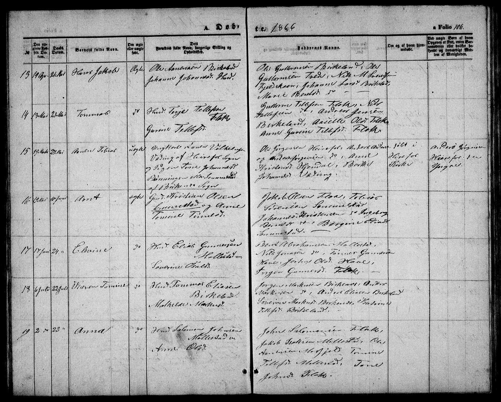 Birkenes sokneprestkontor, AV/SAK-1111-0004/F/Fb/L0002: Parish register (copy) no. B 2, 1849-1876, p. 106