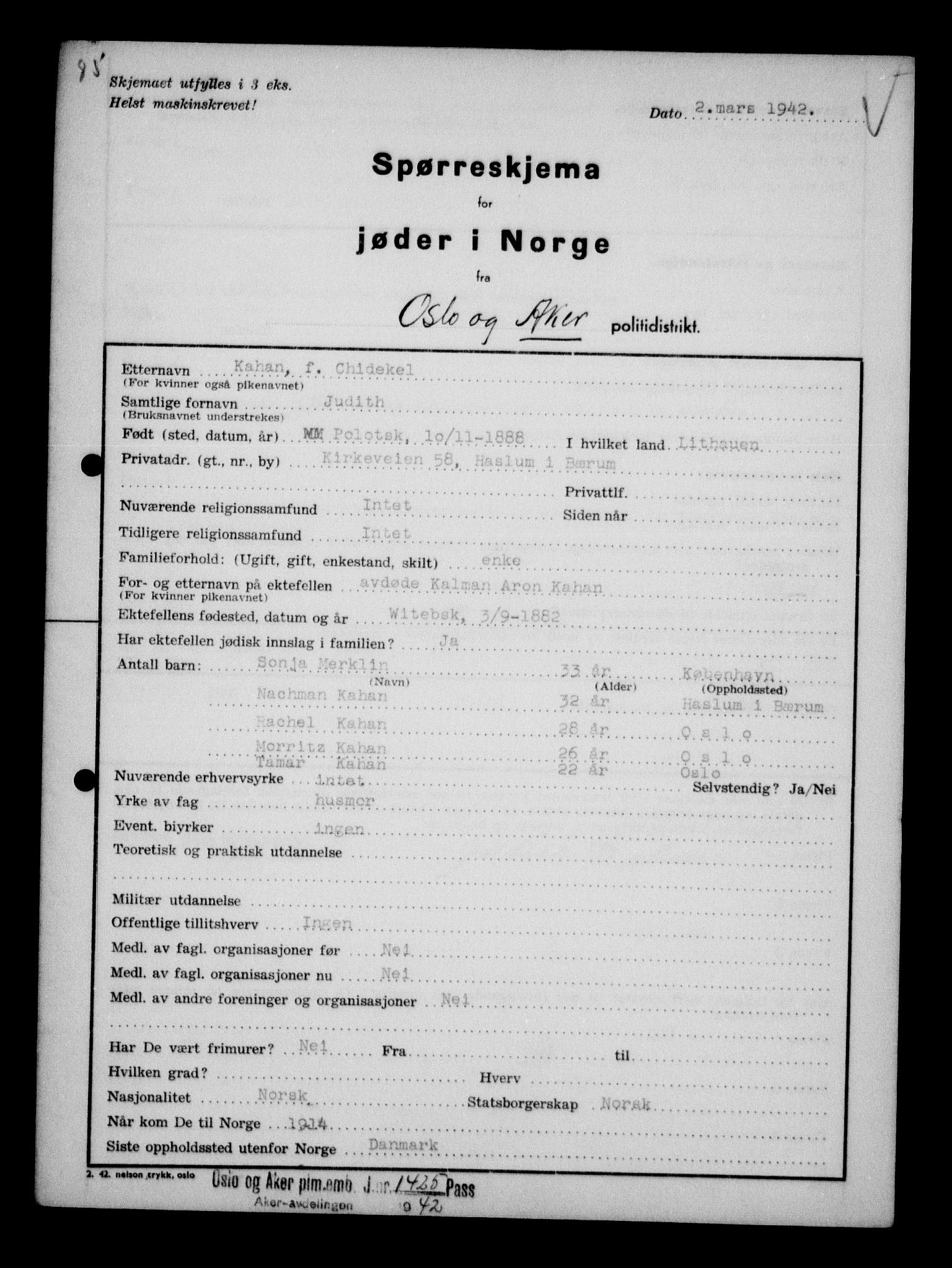 Statspolitiet - Hovedkontoret / Osloavdelingen, AV/RA-S-1329/G/Ga/L0011: Spørreskjema for jøder i Norge. 1: Oslo 610-806 (Plavnik-Zwillinger). 2: Aker 1-113 (Adler-Lewin). , 1942, p. 839