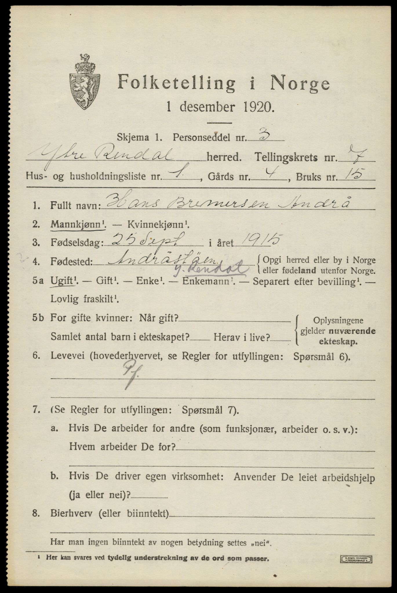 SAH, 1920 census for Ytre Rendal, 1920, p. 3649