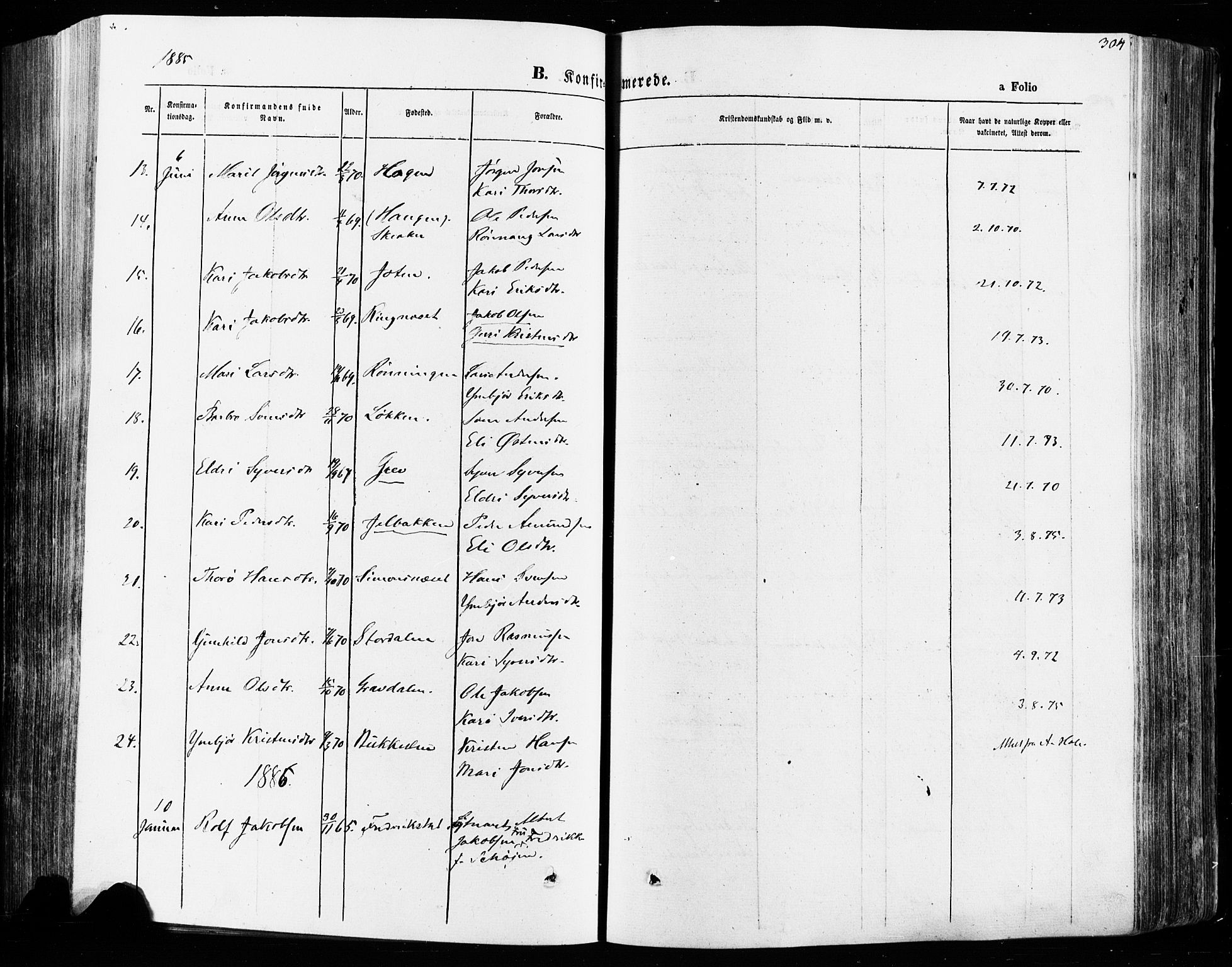 Vågå prestekontor, SAH/PREST-076/H/Ha/Haa/L0007: Parish register (official) no. 7 /1, 1872-1886, p. 304