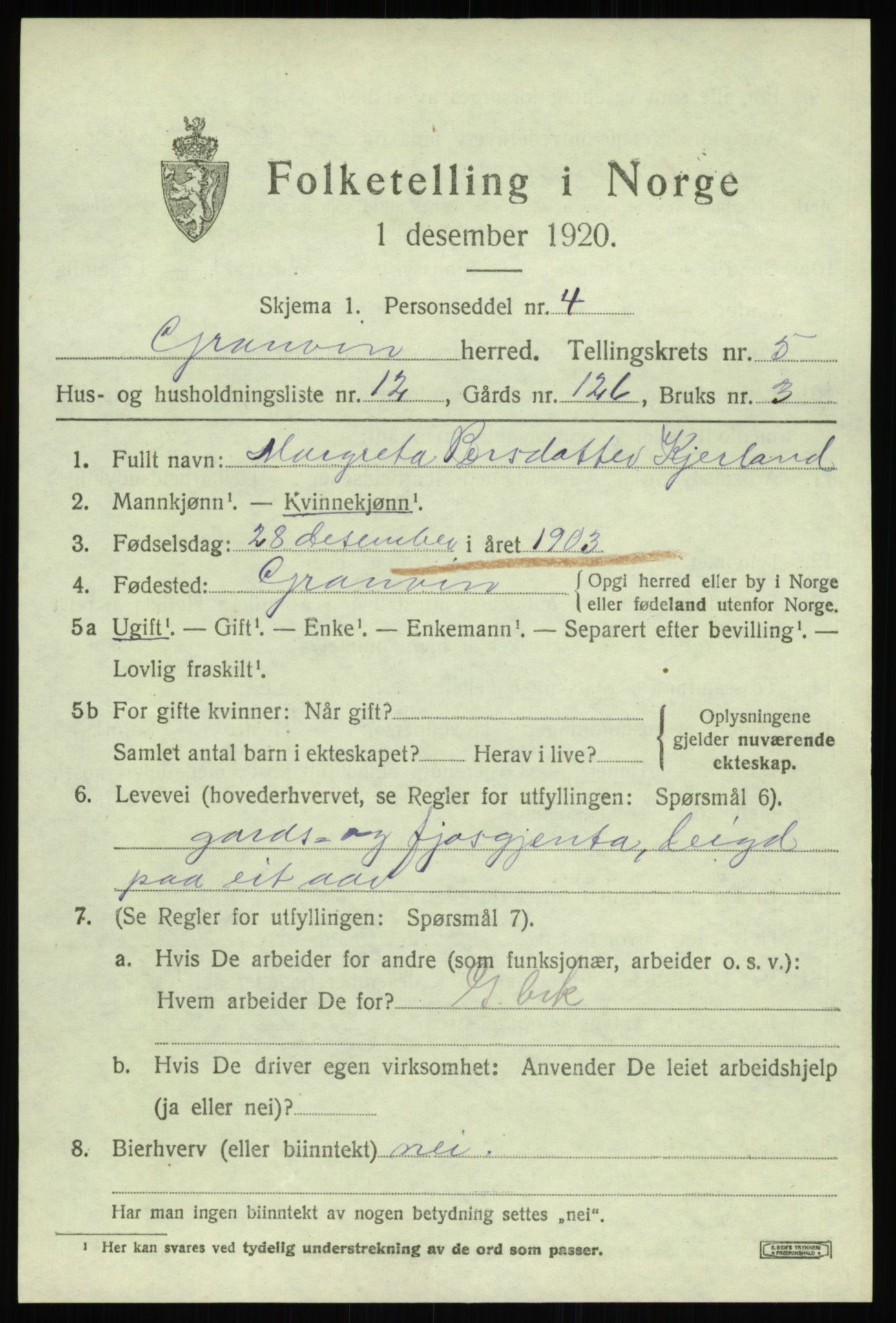 SAB, 1920 census for Granvin, 1920, p. 2496