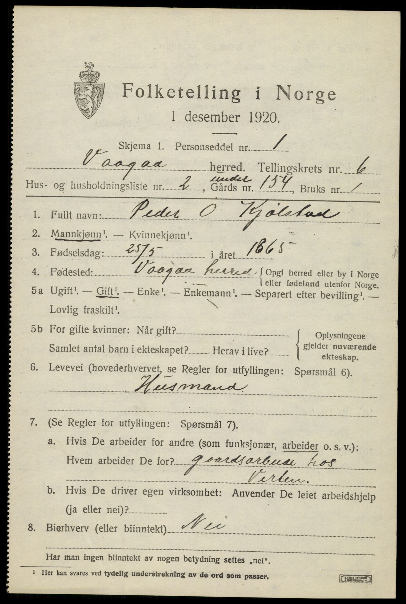 SAH, 1920 census for Vågå, 1920, p. 4704