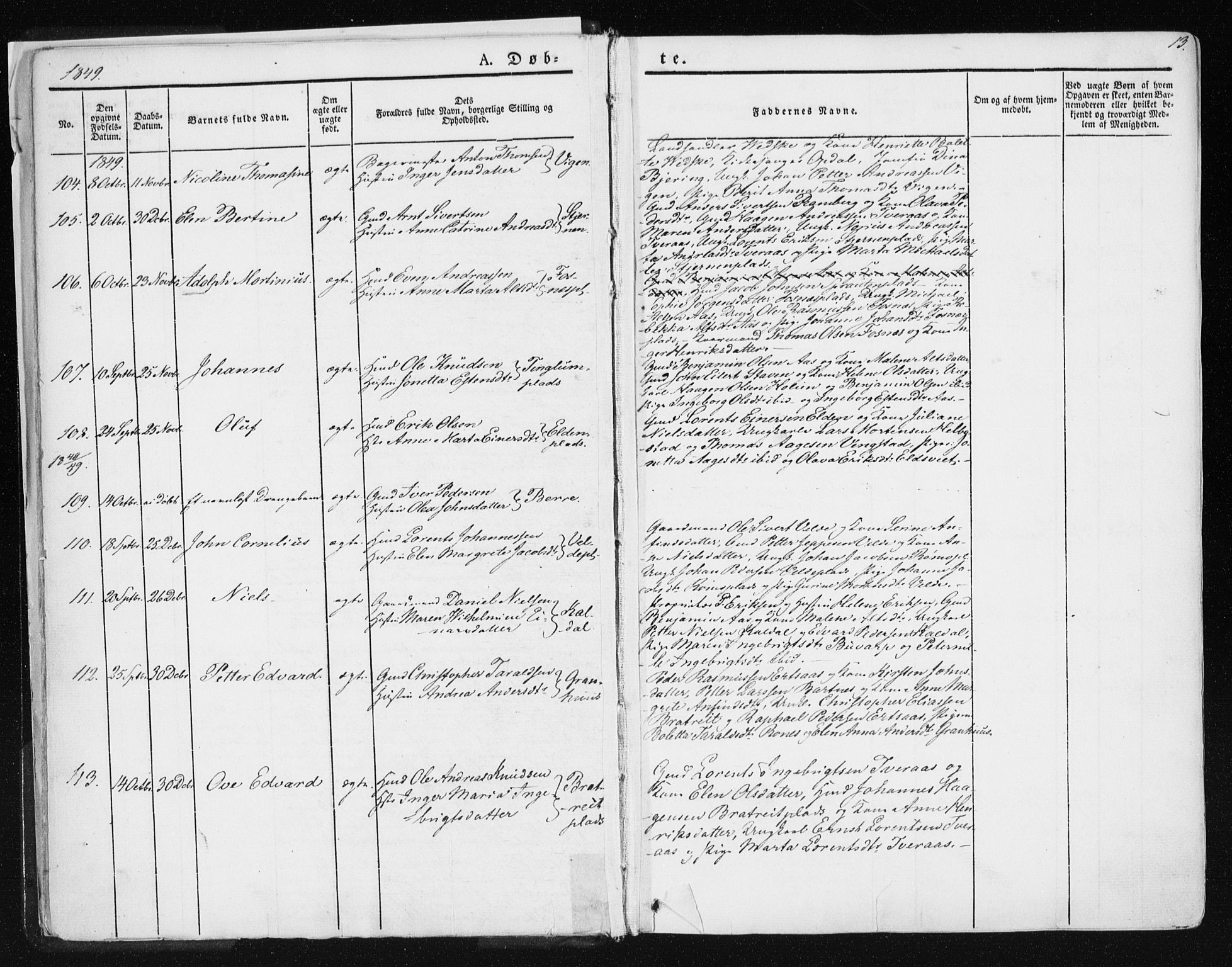 Ministerialprotokoller, klokkerbøker og fødselsregistre - Nord-Trøndelag, SAT/A-1458/741/L0393: Parish register (official) no. 741A07, 1849-1863, p. 13