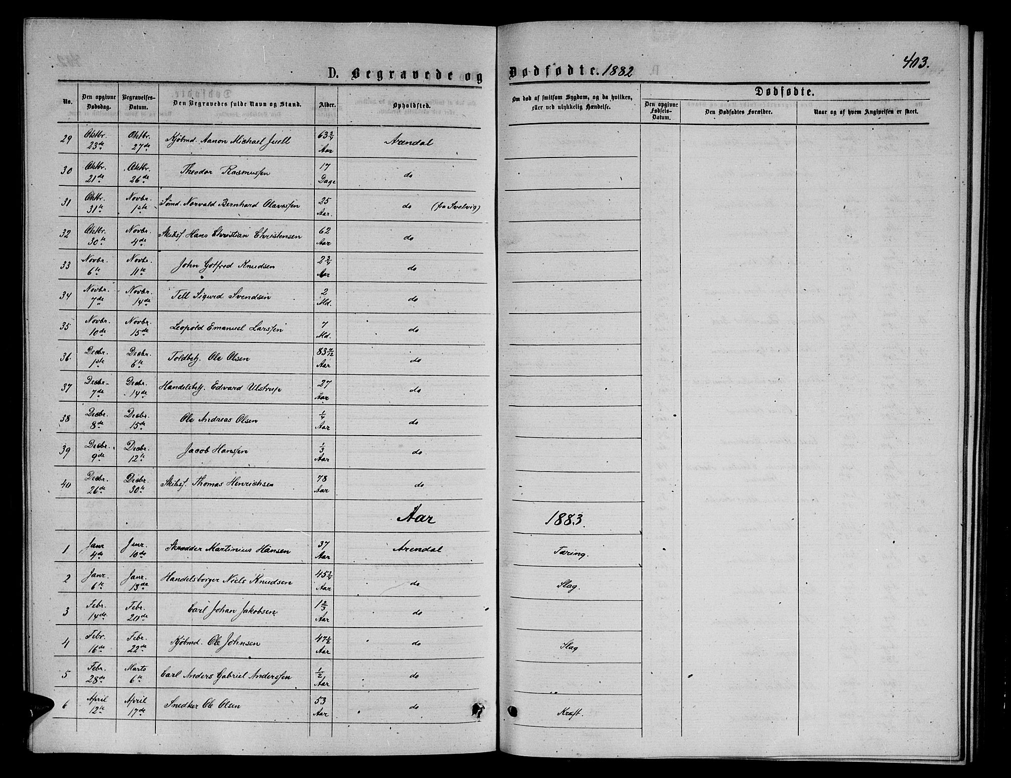 Arendal sokneprestkontor, Trefoldighet, AV/SAK-1111-0040/F/Fb/L0005: Parish register (copy) no. B 5, 1874-1888, p. 403