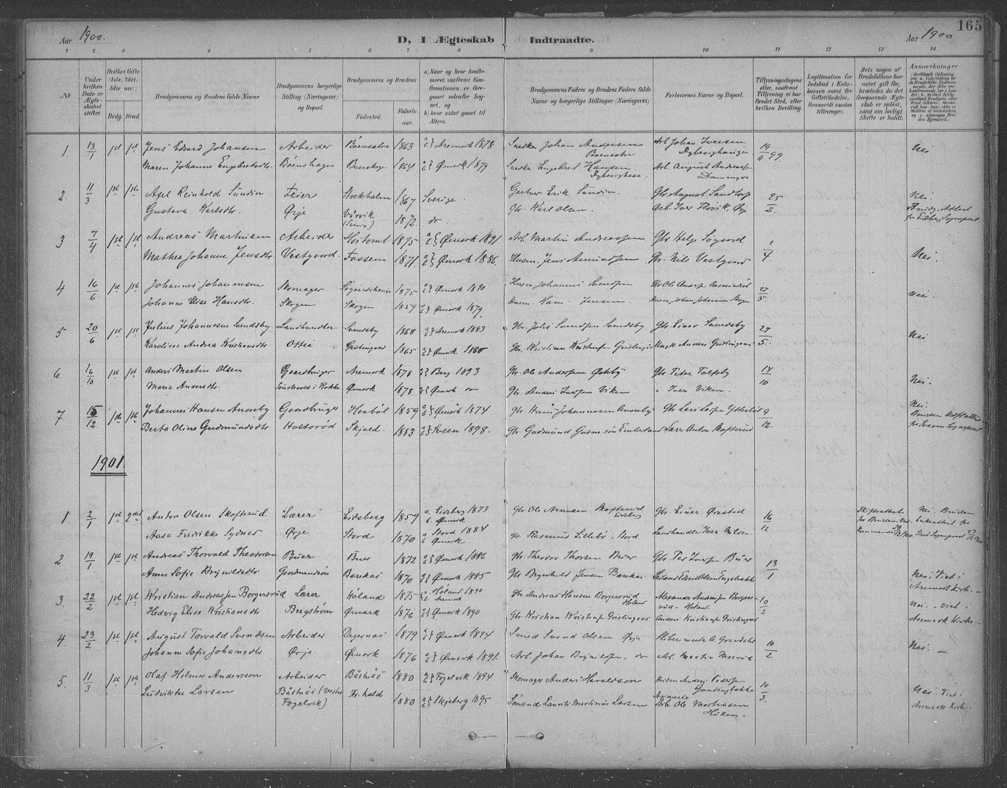 Aremark prestekontor Kirkebøker, SAO/A-10899/F/Fb/L0005: Parish register (official) no. II 5, 1895-1919, p. 165