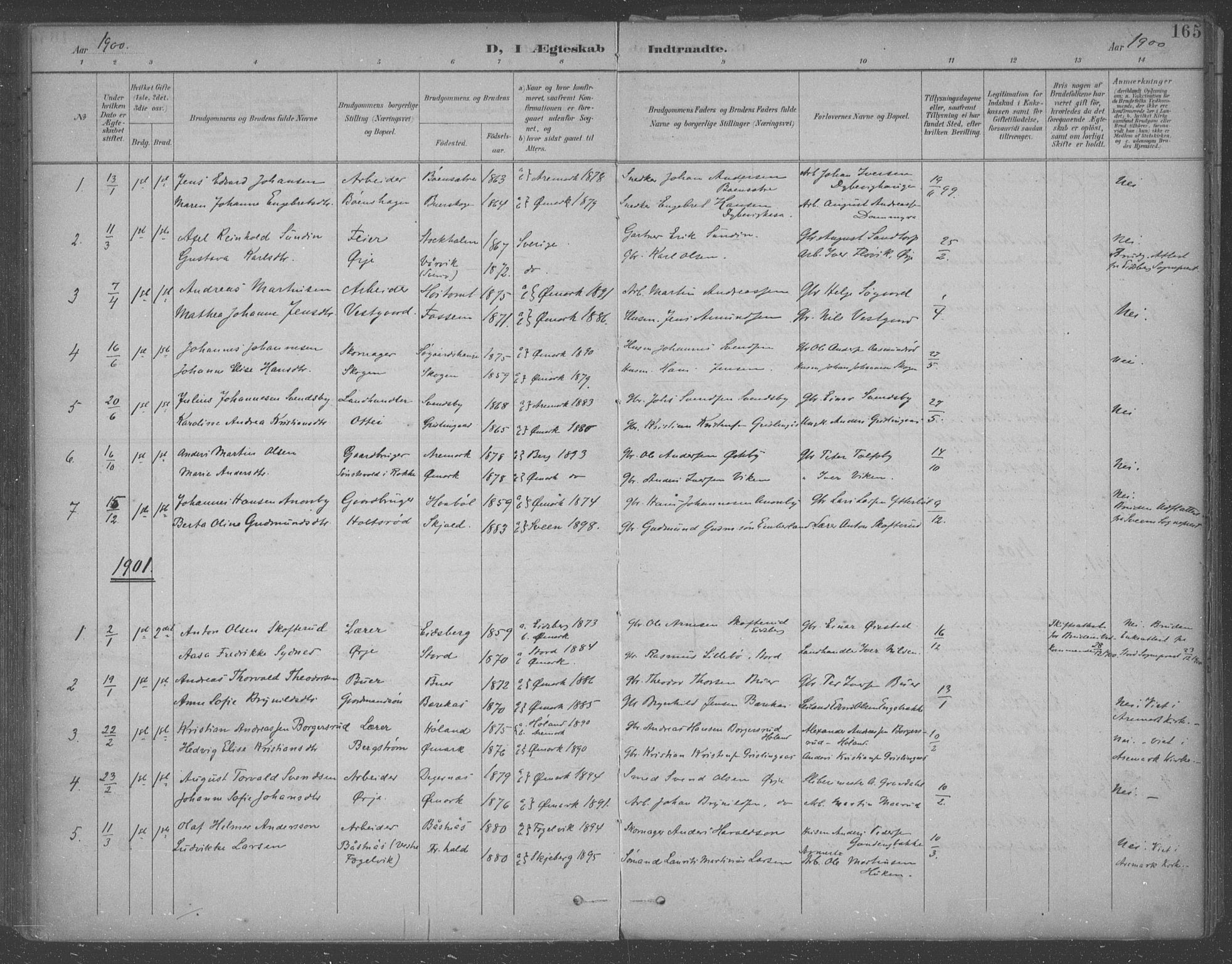 Aremark prestekontor Kirkebøker, AV/SAO-A-10899/F/Fb/L0005: Parish register (official) no. II 5, 1895-1919, p. 165