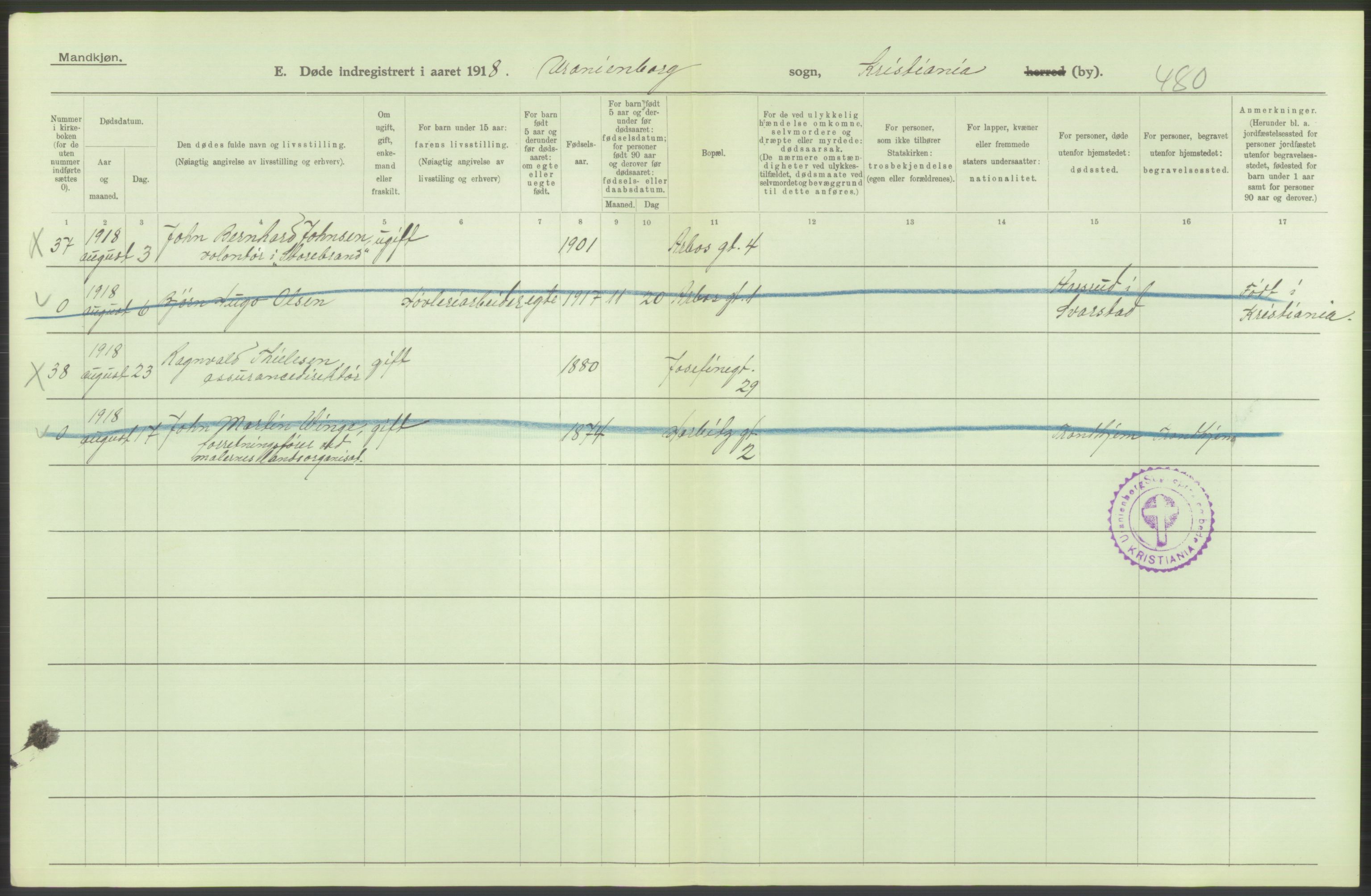 Statistisk sentralbyrå, Sosiodemografiske emner, Befolkning, AV/RA-S-2228/D/Df/Dfb/Dfbh/L0010: Kristiania: Døde, 1918, p. 196