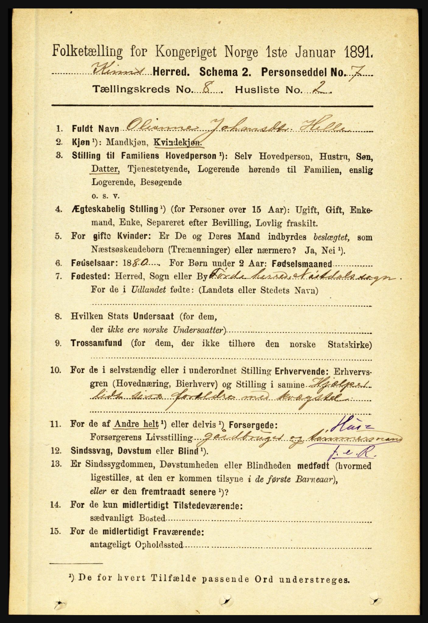 RA, 1891 census for 1437 Kinn, 1891, p. 3119
