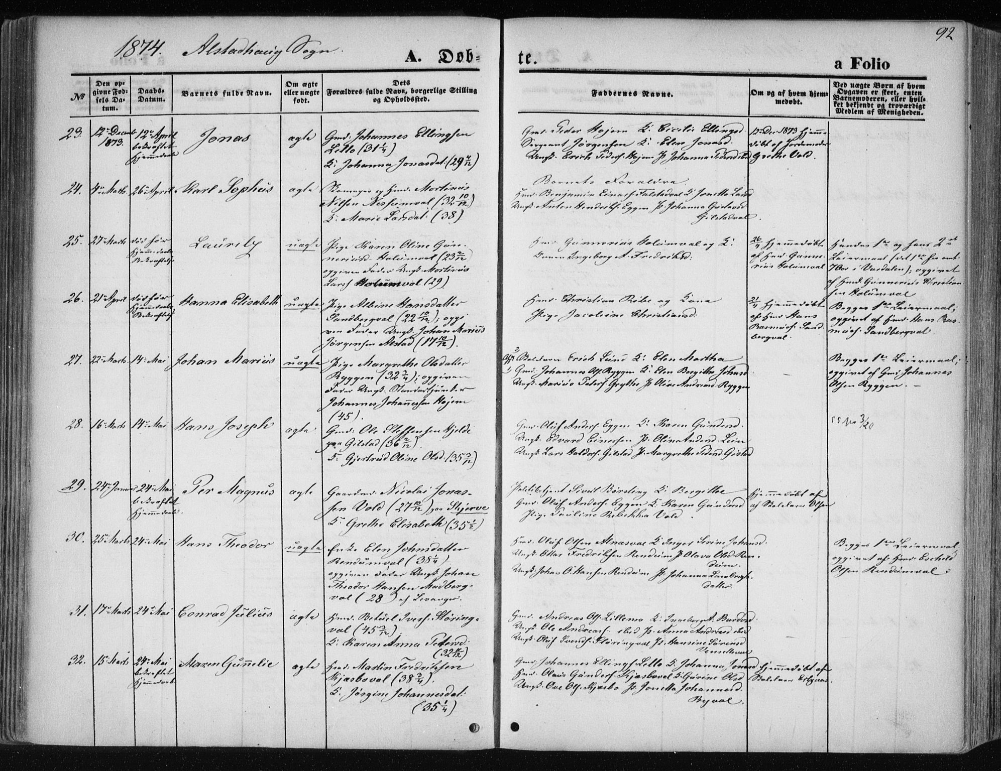 Ministerialprotokoller, klokkerbøker og fødselsregistre - Nord-Trøndelag, AV/SAT-A-1458/717/L0157: Parish register (official) no. 717A08 /1, 1863-1877, p. 92