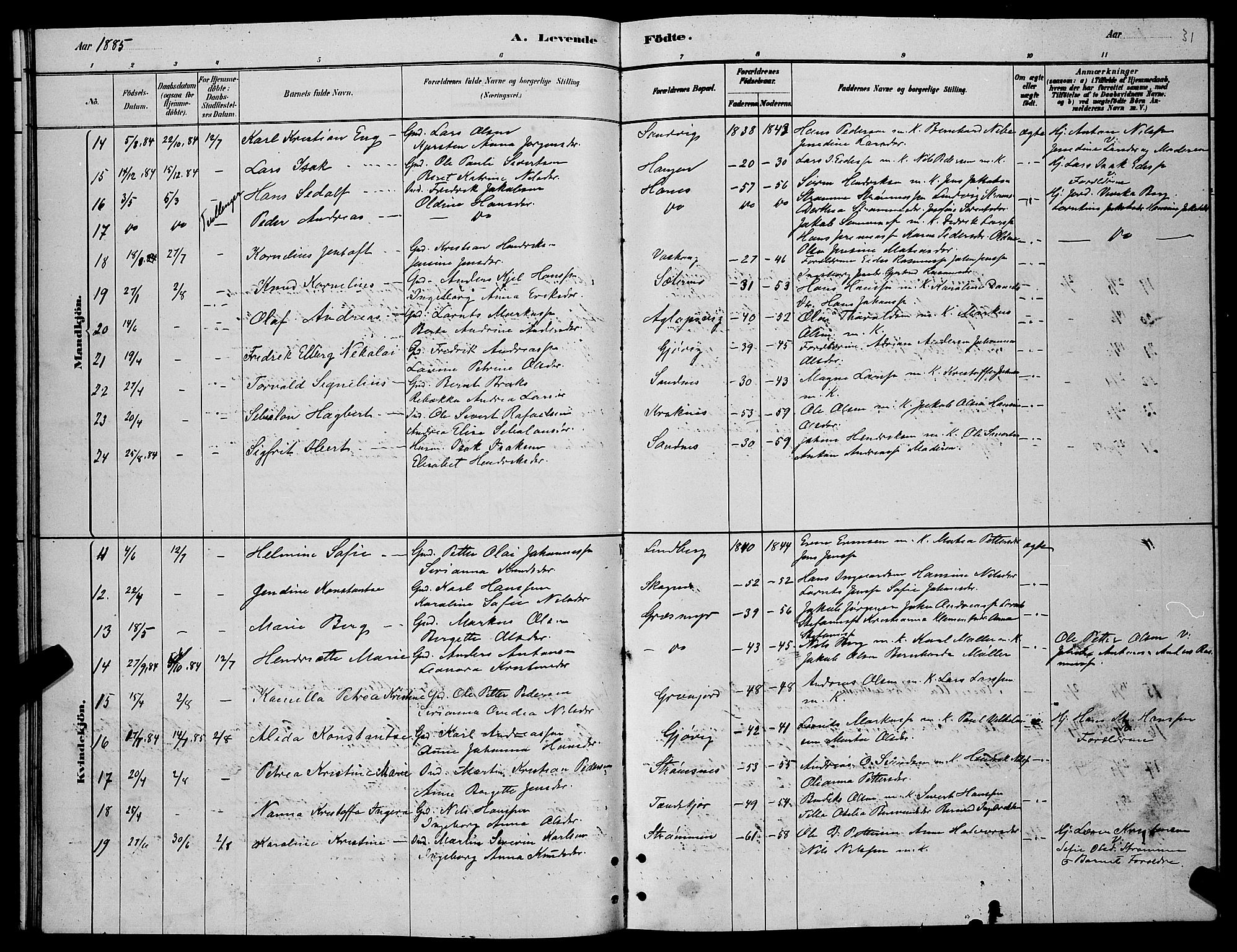 Lenvik sokneprestembete, SATØ/S-1310/H/Ha/Hab/L0006klokker: Parish register (copy) no. 6, 1881-1889, p. 31