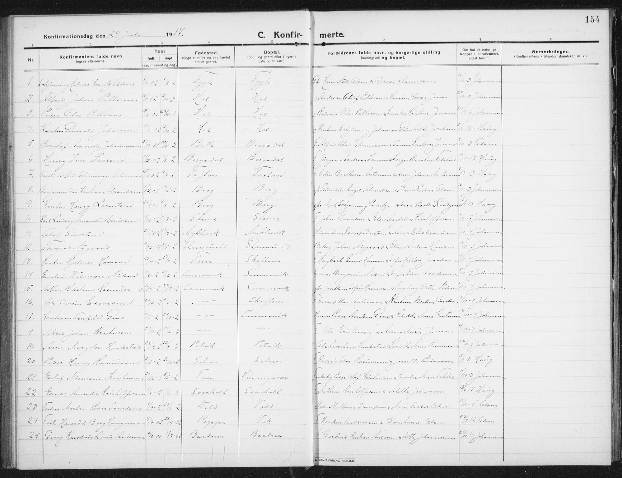 Ministerialprotokoller, klokkerbøker og fødselsregistre - Nordland, SAT/A-1459/882/L1183: Parish register (copy) no. 882C01, 1911-1938, p. 154