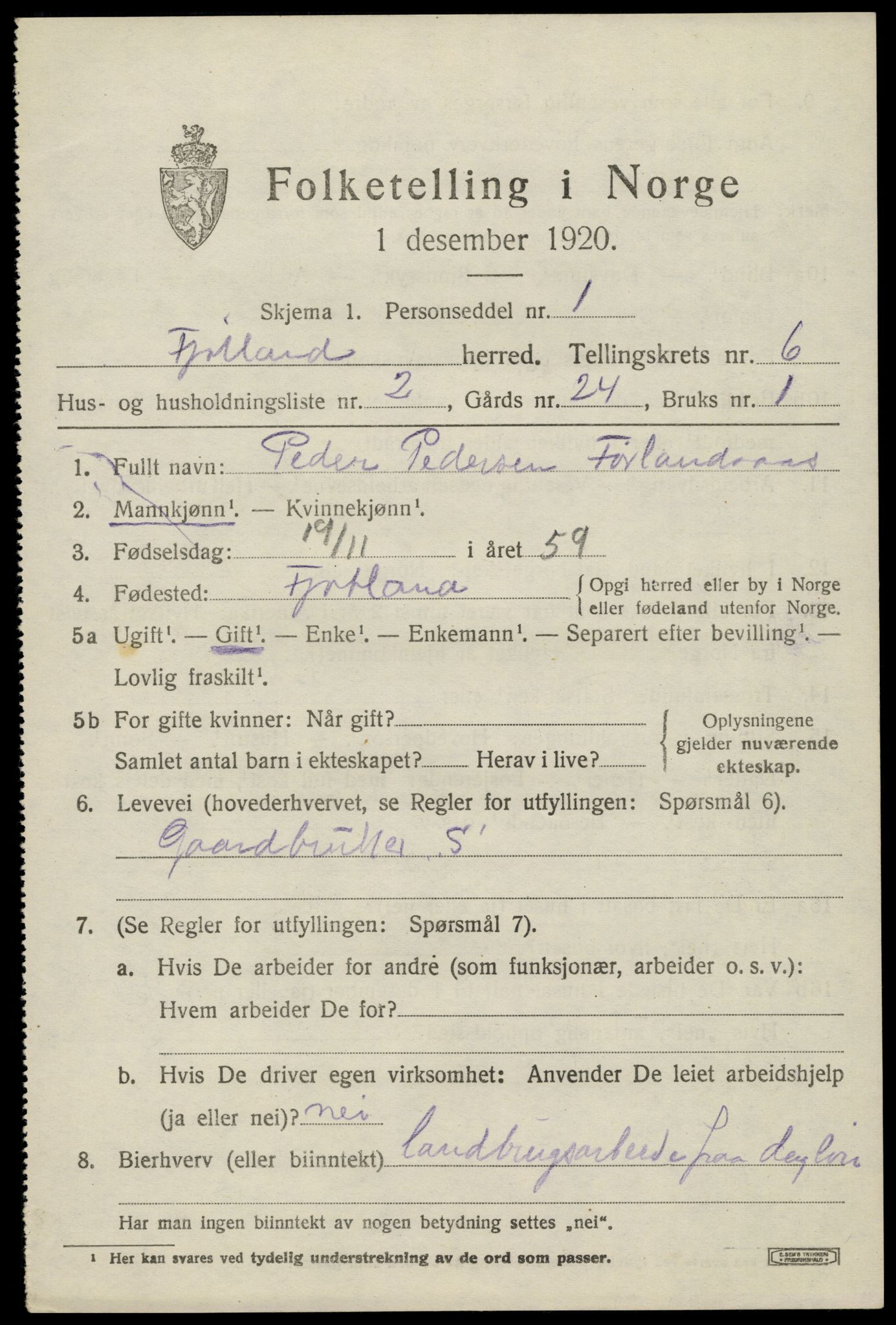 SAK, 1920 census for Fjotland, 1920, p. 1618