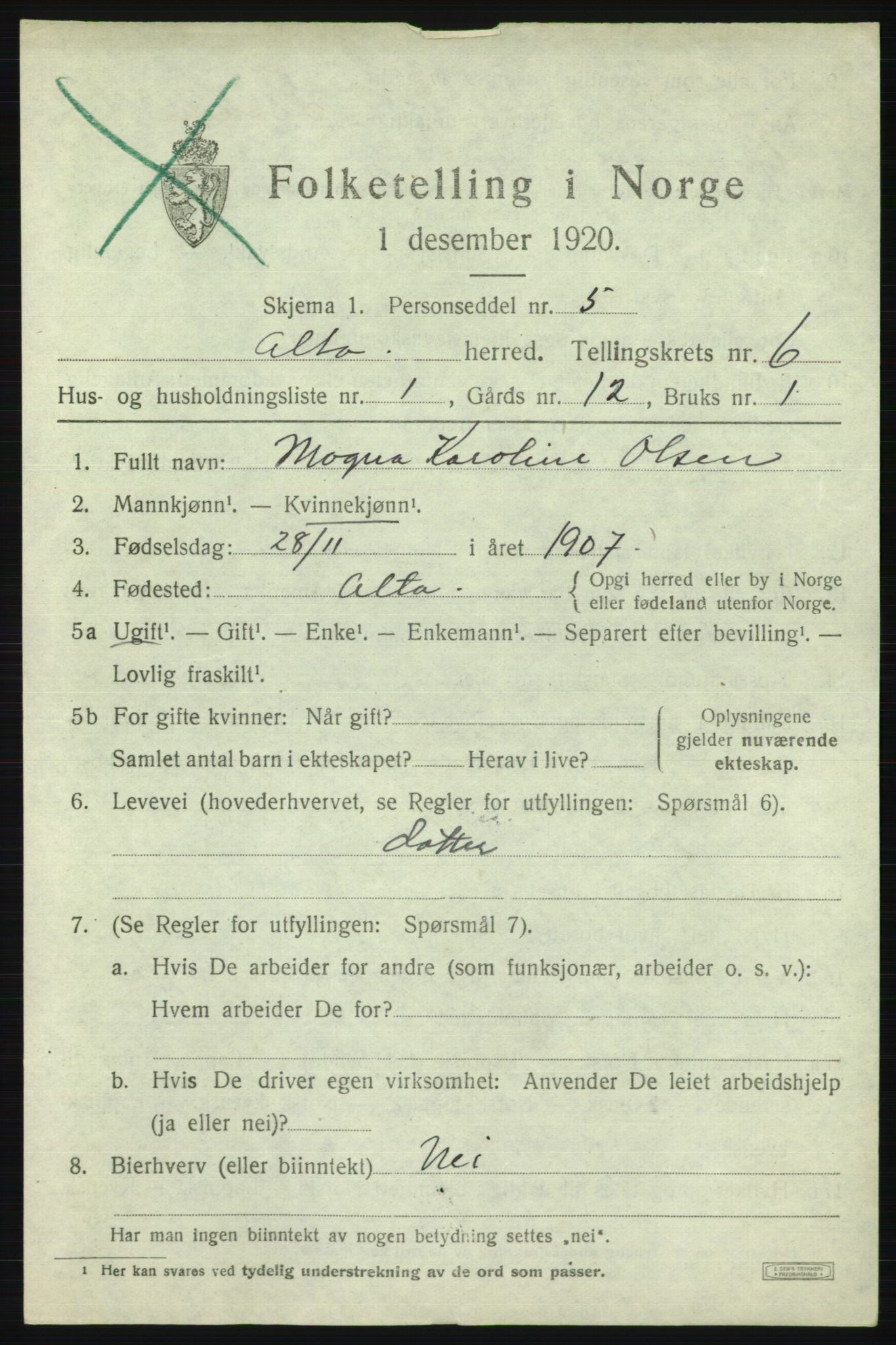 SATØ, 1920 census for Alta, 1920, p. 3893