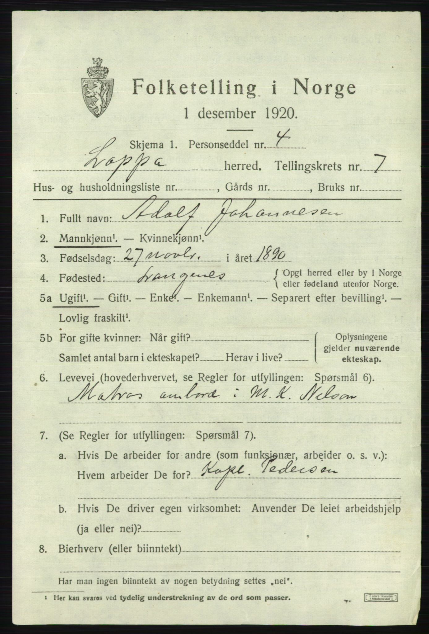 SATØ, 1920 census for Loppa, 1920, p. 3684