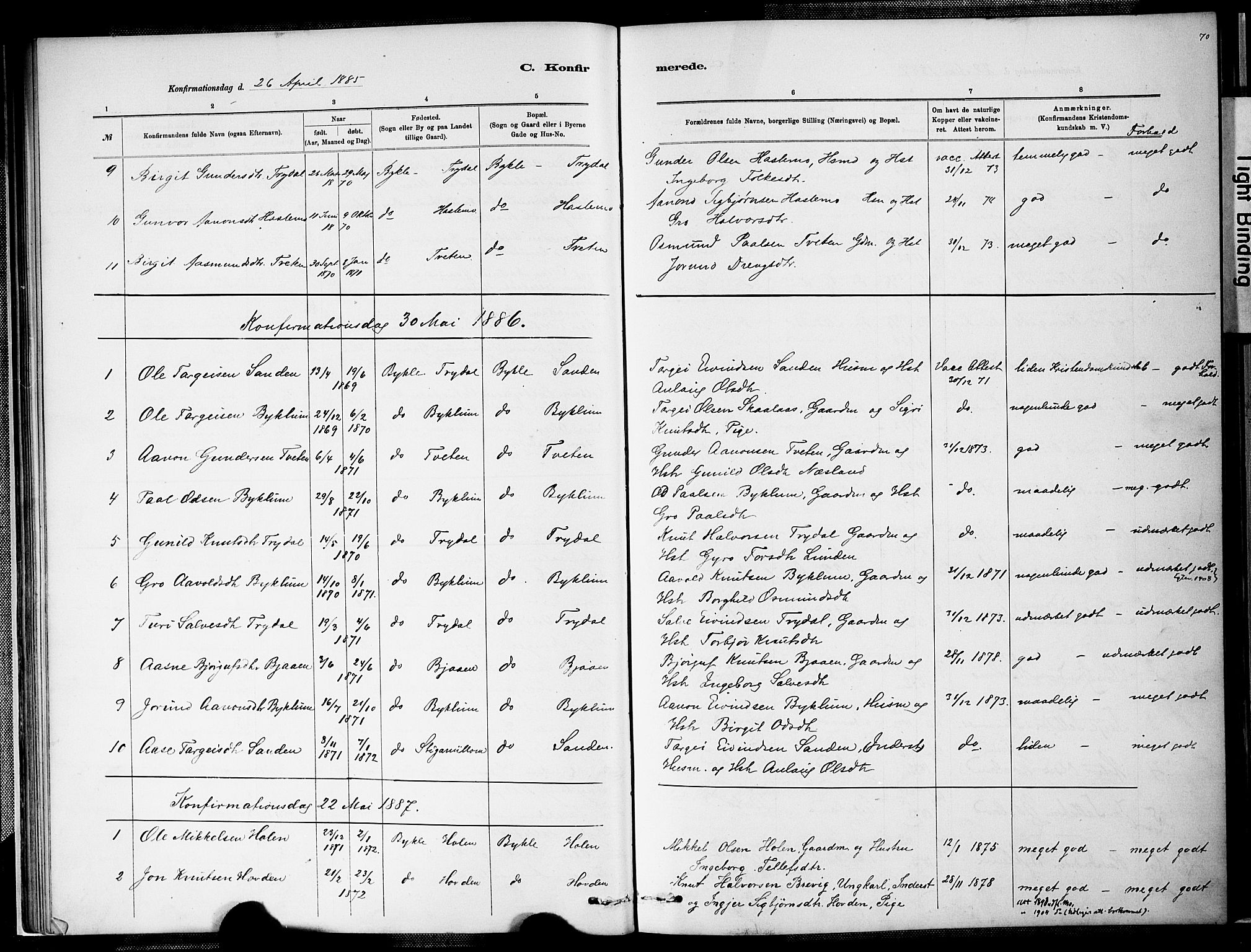 Valle sokneprestkontor, SAK/1111-0044/F/Fa/Faa/L0001: Parish register (official) no. A 1, 1882-1907, p. 70