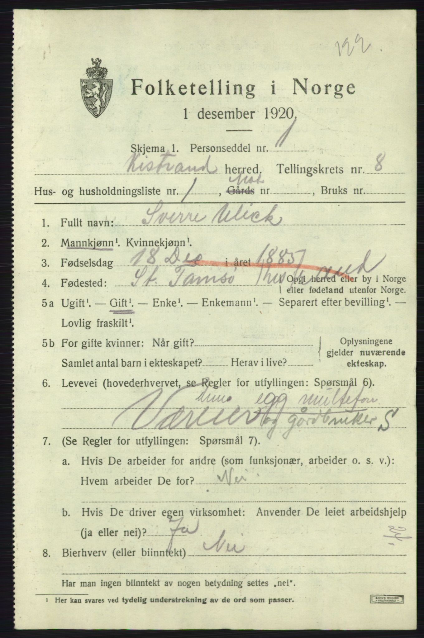 SATØ, 1920 census for Kistrand, 1920, p. 4748