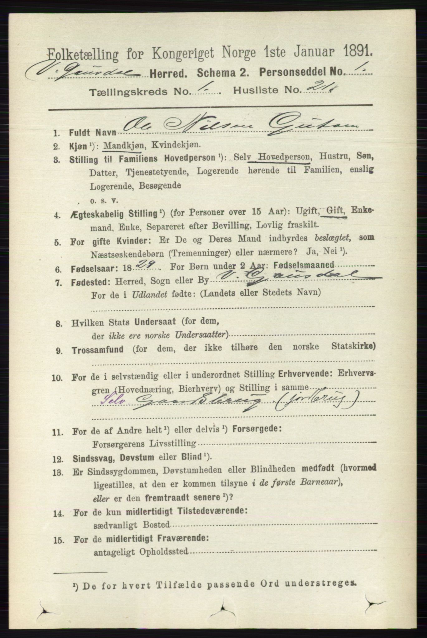 RA, 1891 census for 0523 Vestre Gausdal, 1891, p. 171