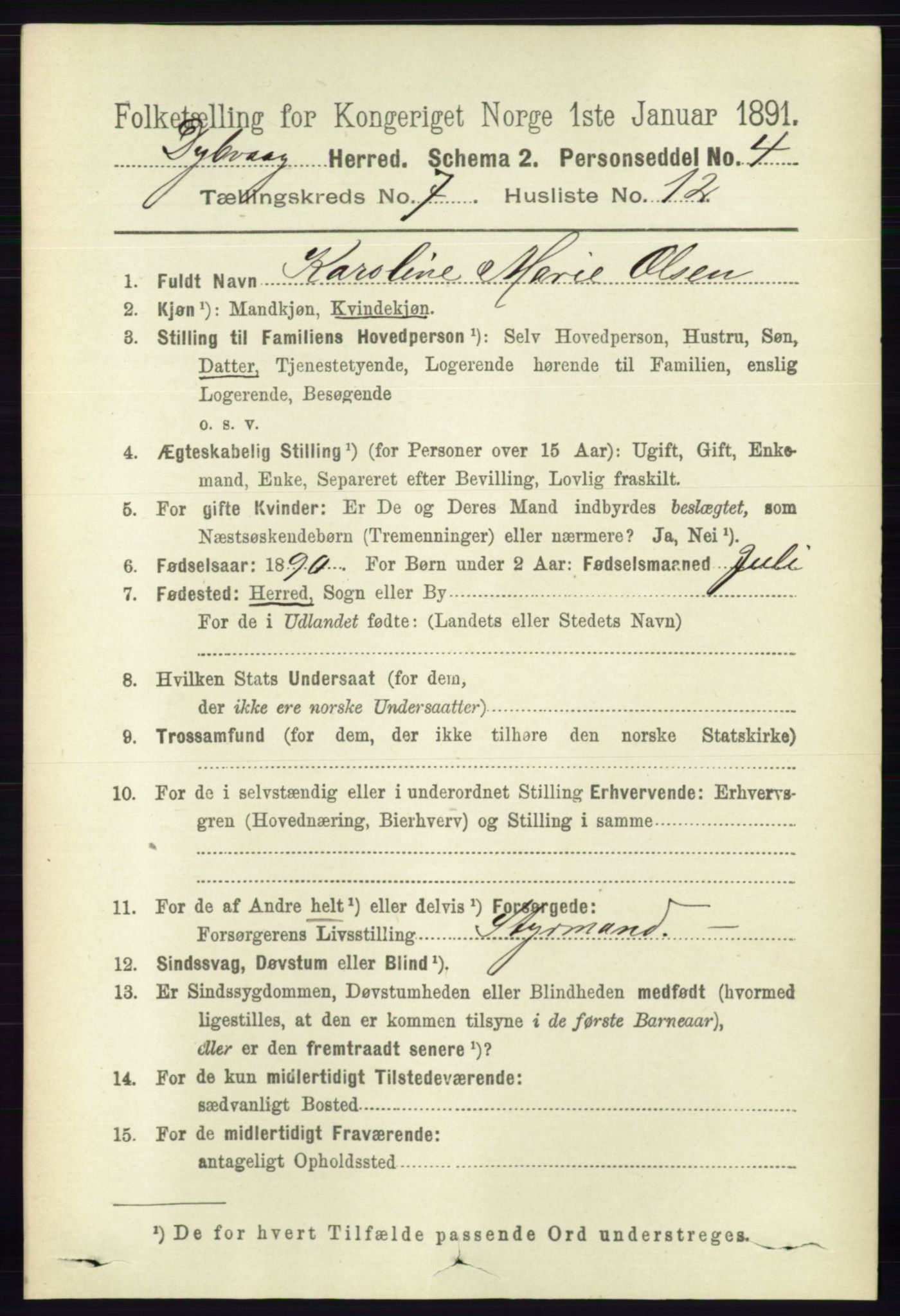 RA, 1891 census for 0915 Dypvåg, 1891, p. 2465