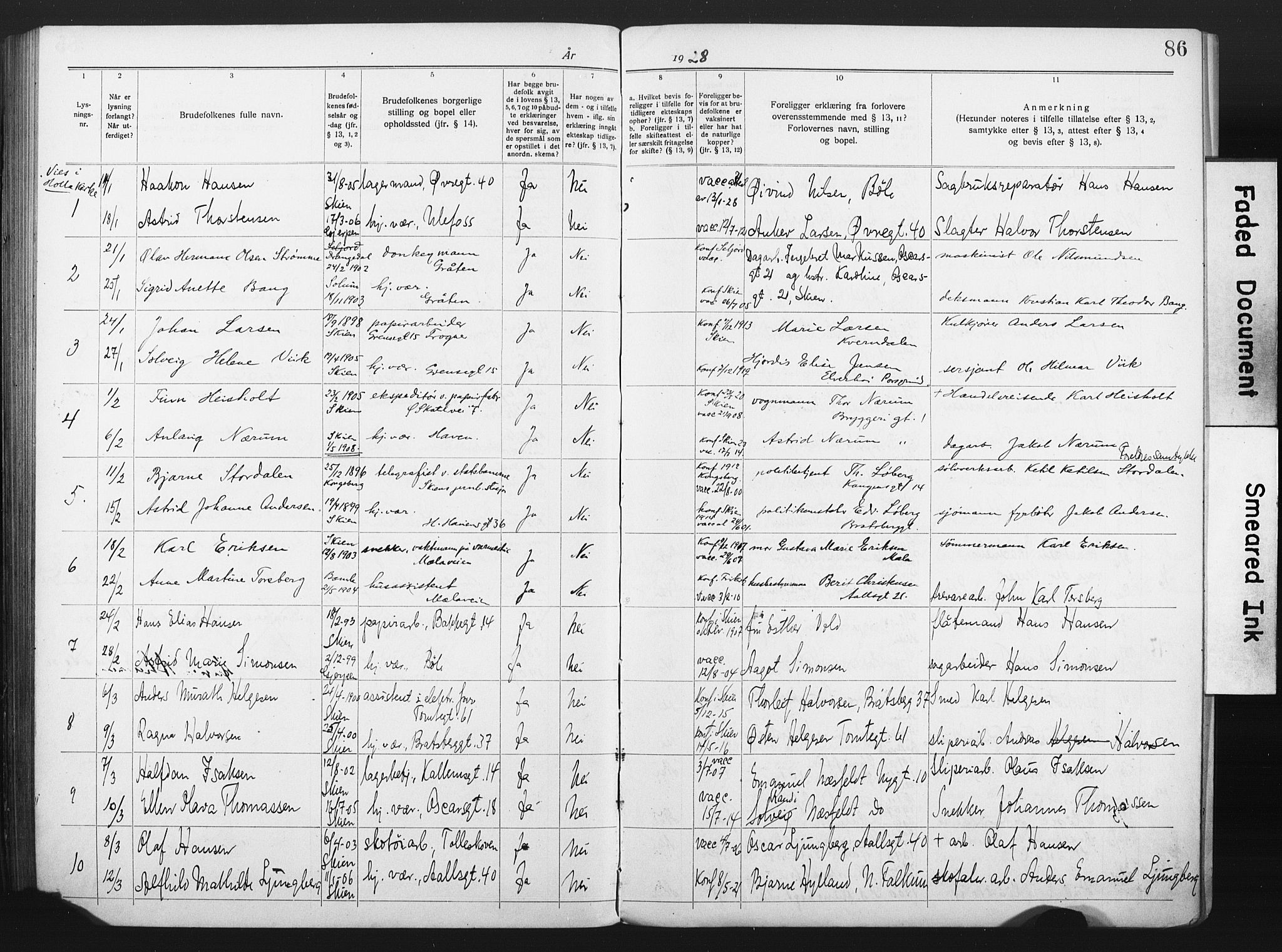 Skien kirkebøker, SAKO/A-302/H/Ha/L0001: Banns register no. 1, 1919-1929, p. 86
