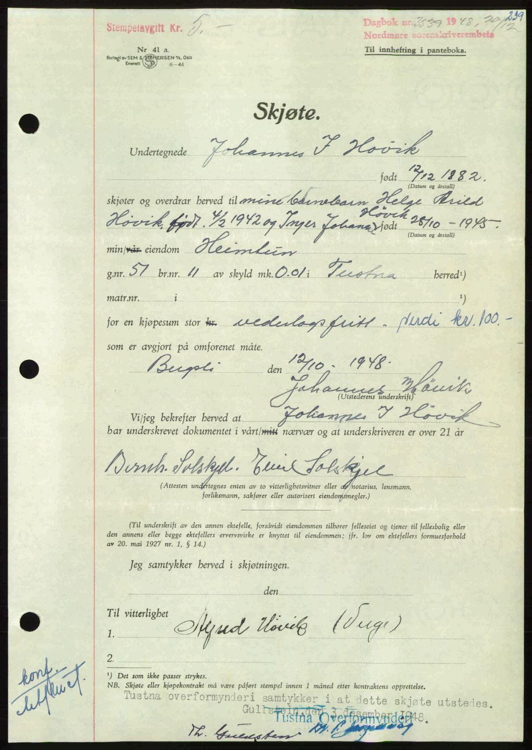 Nordmøre sorenskriveri, AV/SAT-A-4132/1/2/2Ca: Mortgage book no. A110, 1948-1949, Diary no: : 3539/1948