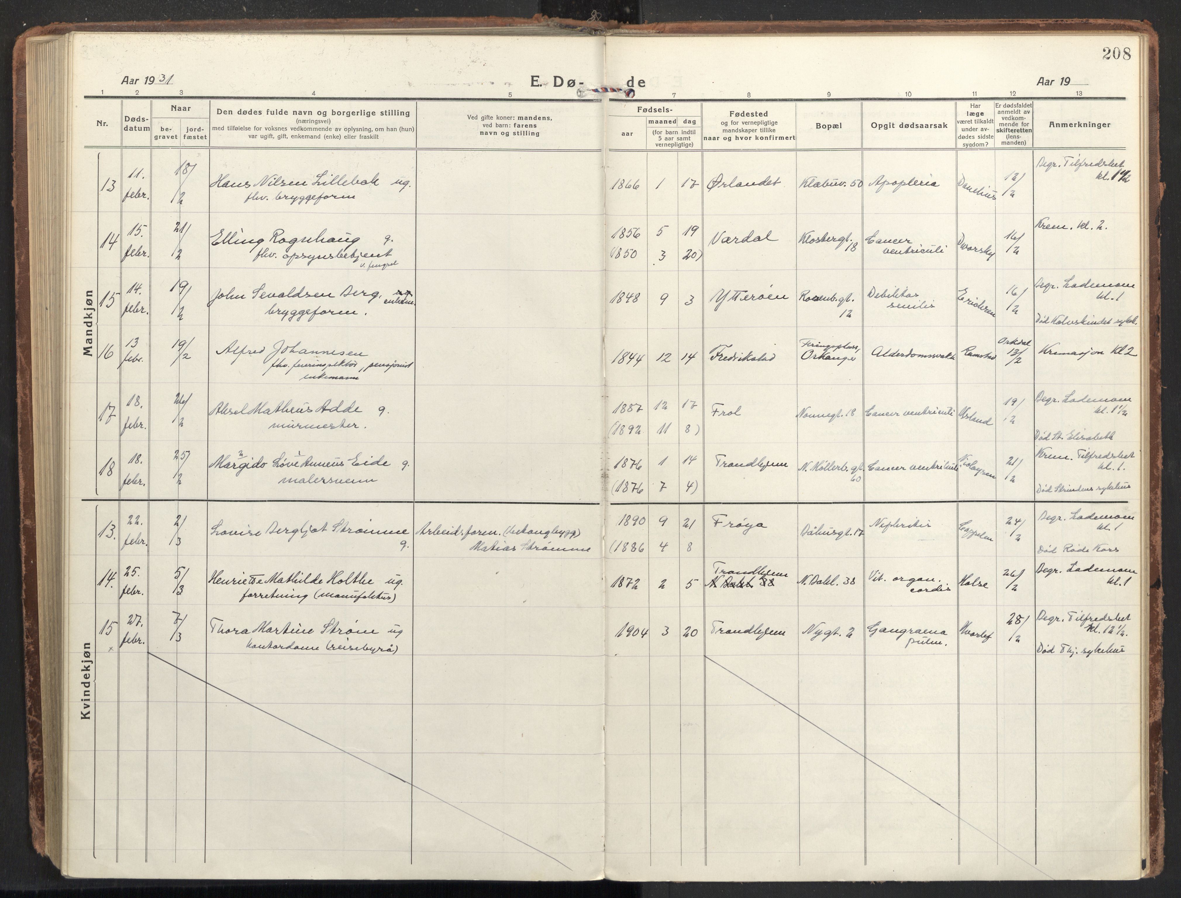Ministerialprotokoller, klokkerbøker og fødselsregistre - Sør-Trøndelag, SAT/A-1456/604/L0207: Parish register (official) no. 604A27, 1917-1933, p. 208