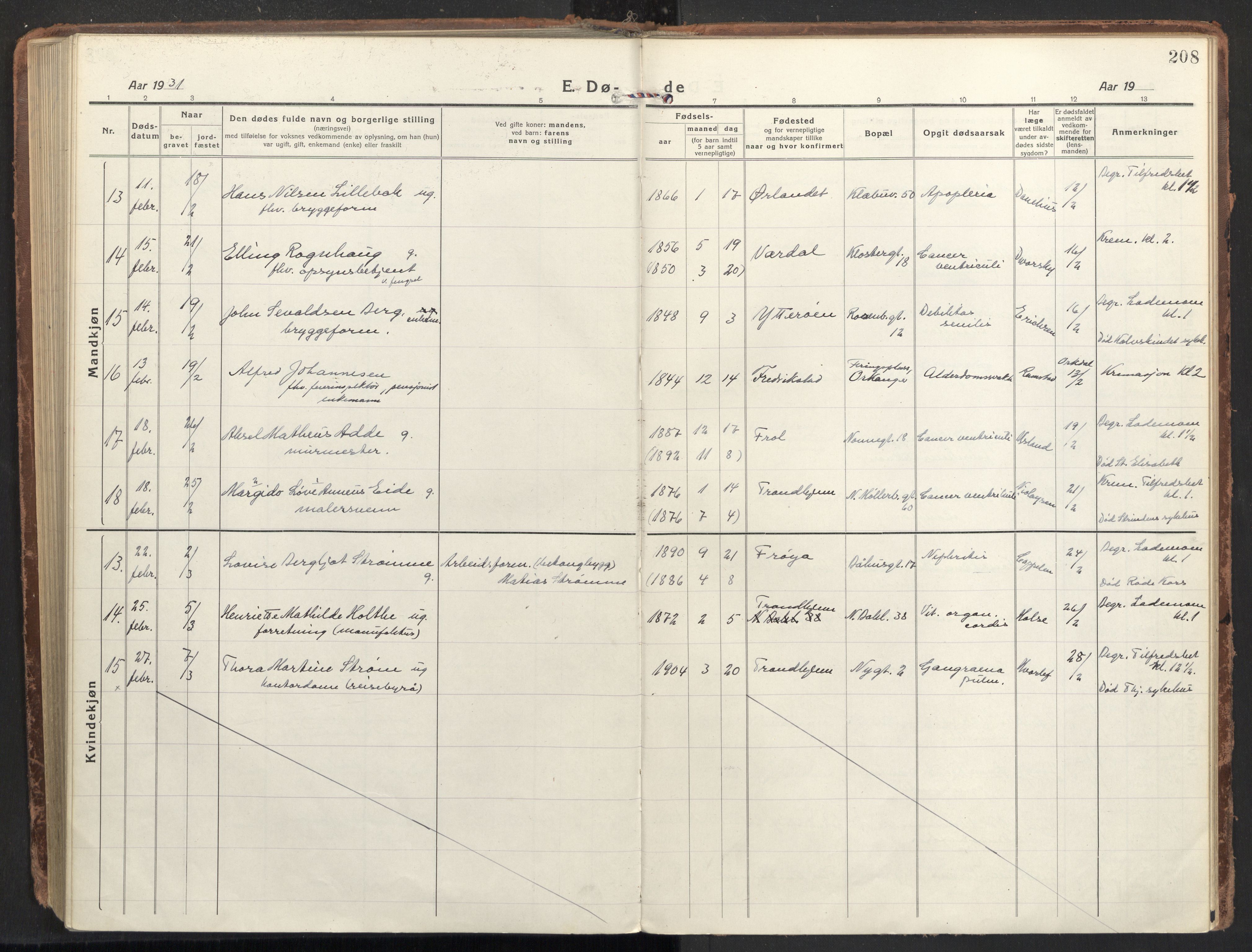 Ministerialprotokoller, klokkerbøker og fødselsregistre - Sør-Trøndelag, AV/SAT-A-1456/604/L0207: Parish register (official) no. 604A27, 1917-1933, p. 208