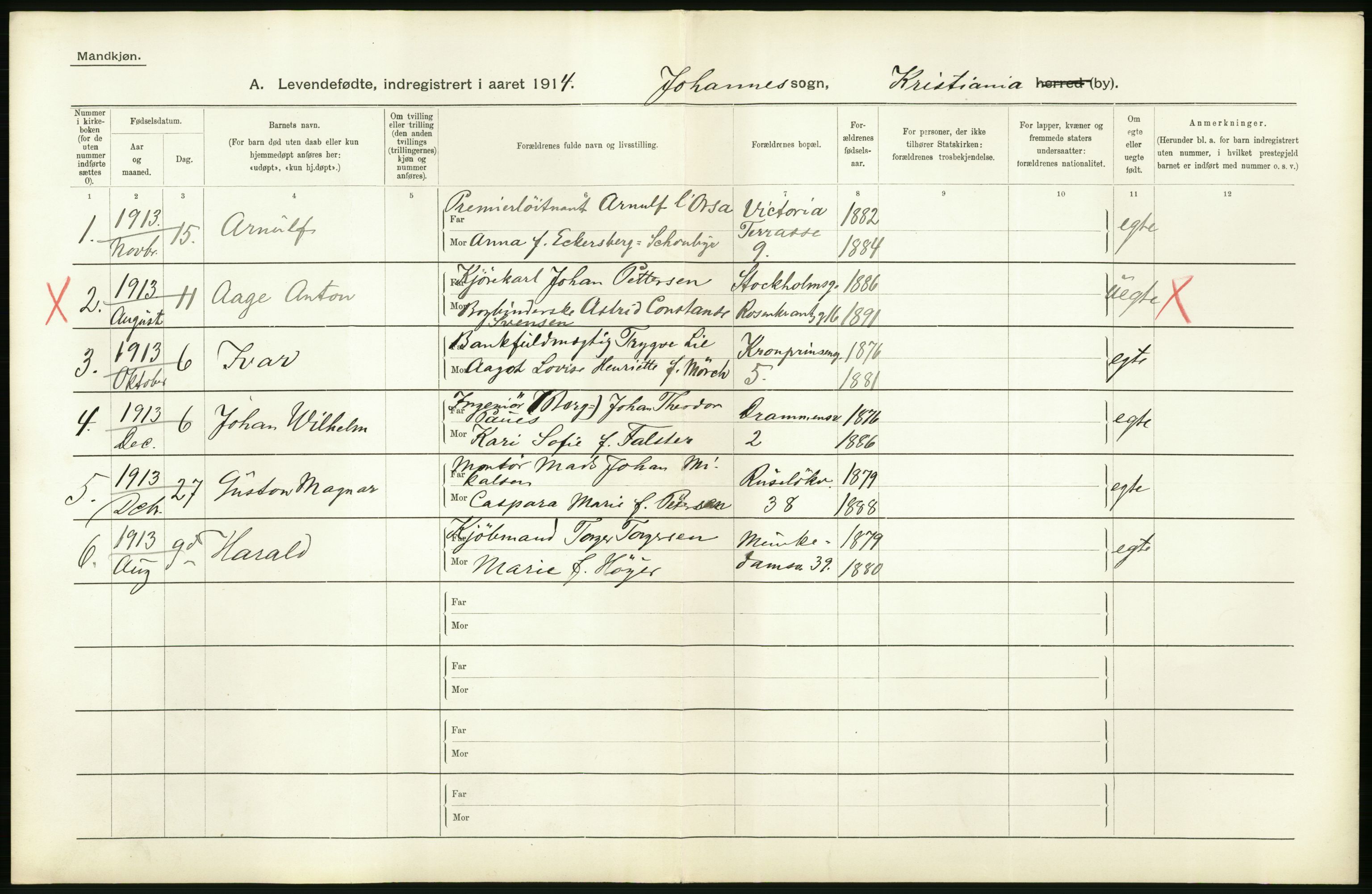 Statistisk sentralbyrå, Sosiodemografiske emner, Befolkning, AV/RA-S-2228/D/Df/Dfb/Dfbd/L0006: Kristiania: Levendefødte menn og kvinner., 1914, p. 22