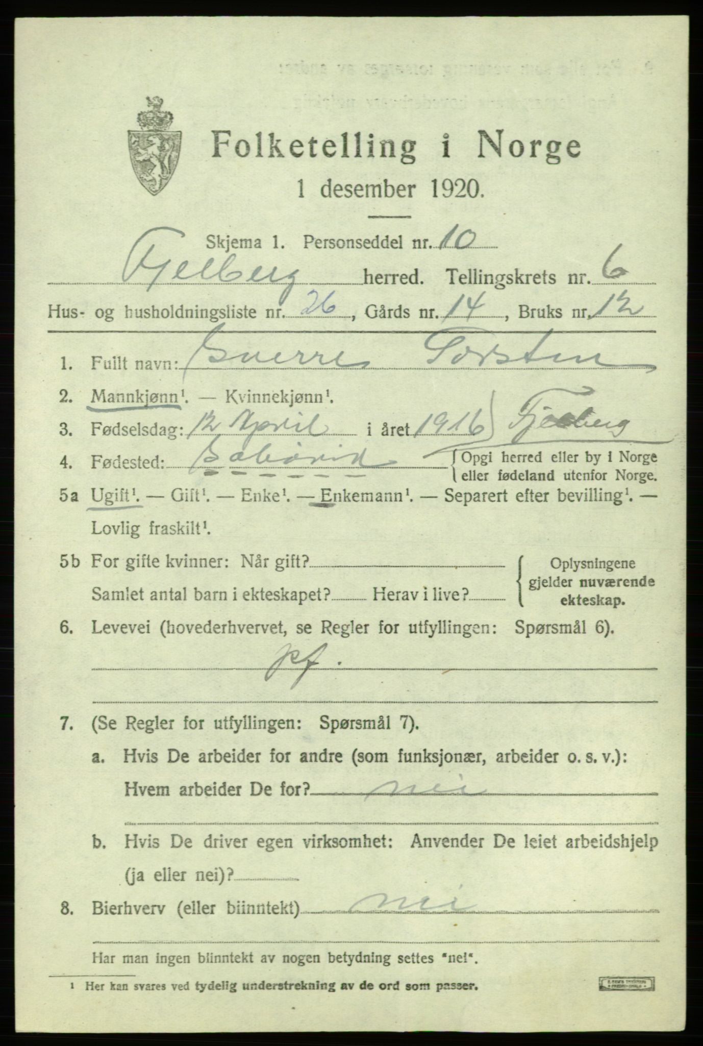 SAB, 1920 census for Fjelberg, 1920, p. 2537