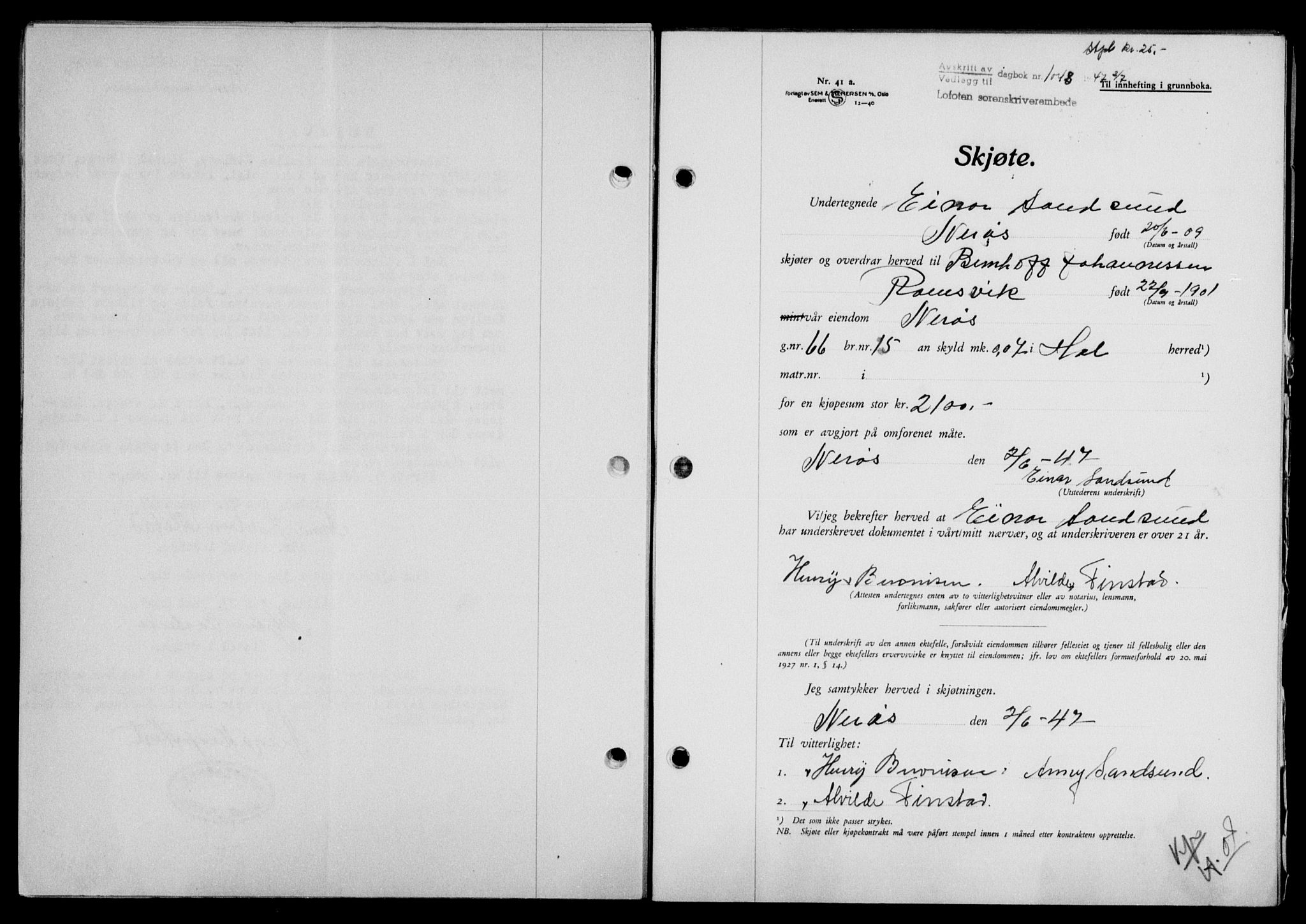 Lofoten sorenskriveri, SAT/A-0017/1/2/2C/L0016a: Mortgage book no. 16a, 1947-1947, Diary no: : 1048/1947