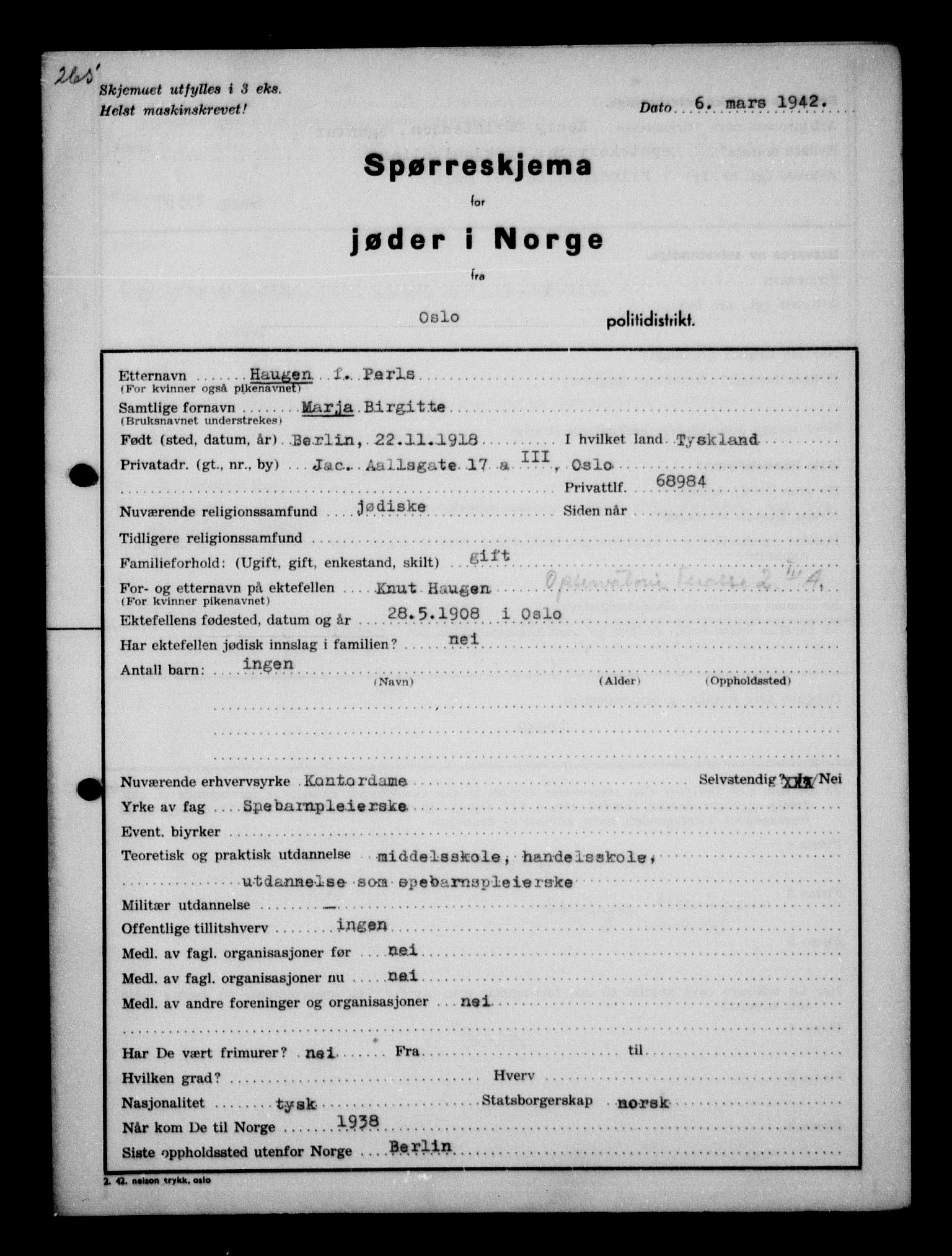 Statspolitiet - Hovedkontoret / Osloavdelingen, AV/RA-S-1329/G/Ga/L0010: Spørreskjema for jøder i Norge, Oslo Hansen-Pintzow, 1942, p. 9