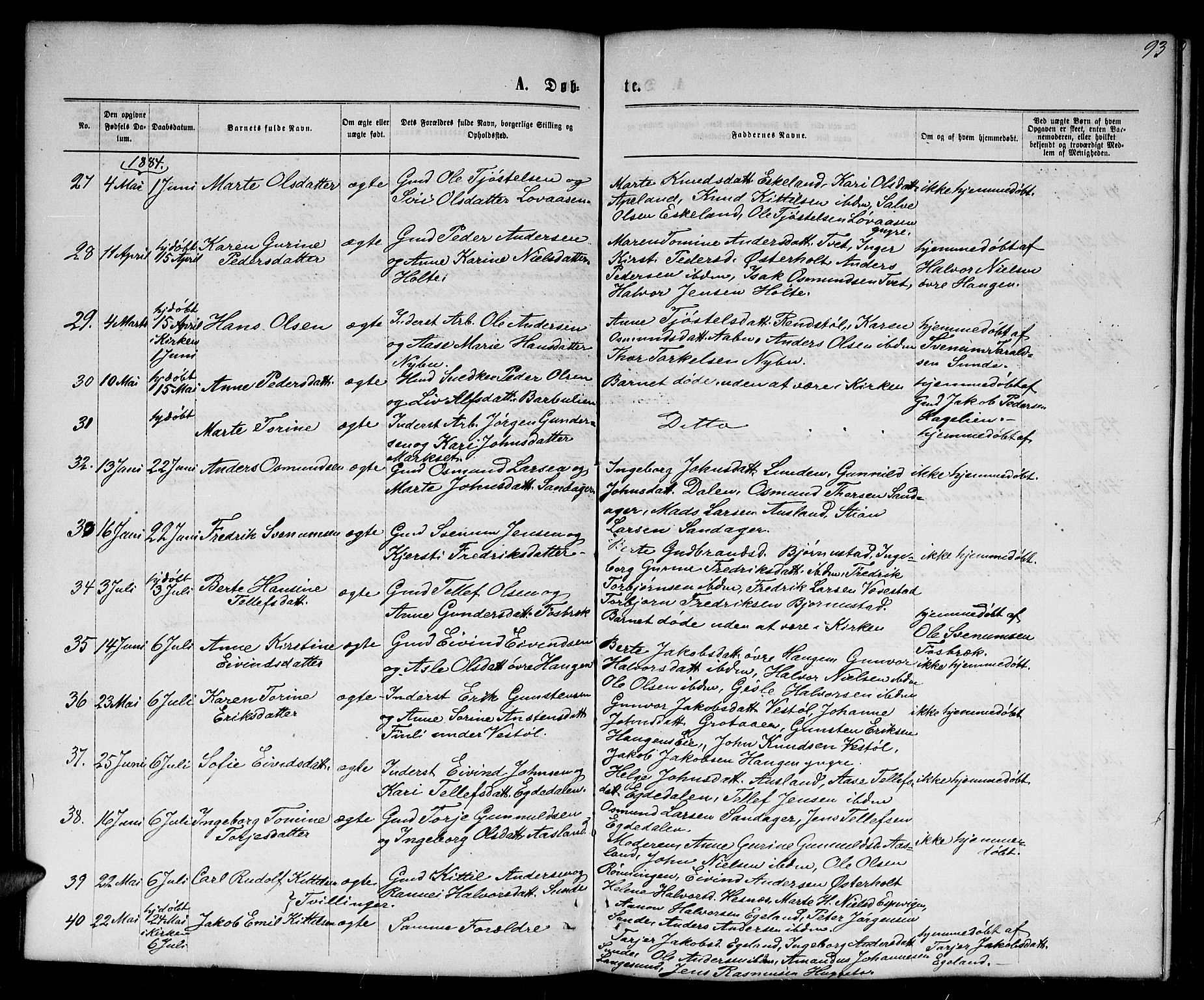 Gjerstad sokneprestkontor, SAK/1111-0014/F/Fb/Fba/L0006: Parish register (copy) no. B 6, 1868-1890, p. 93