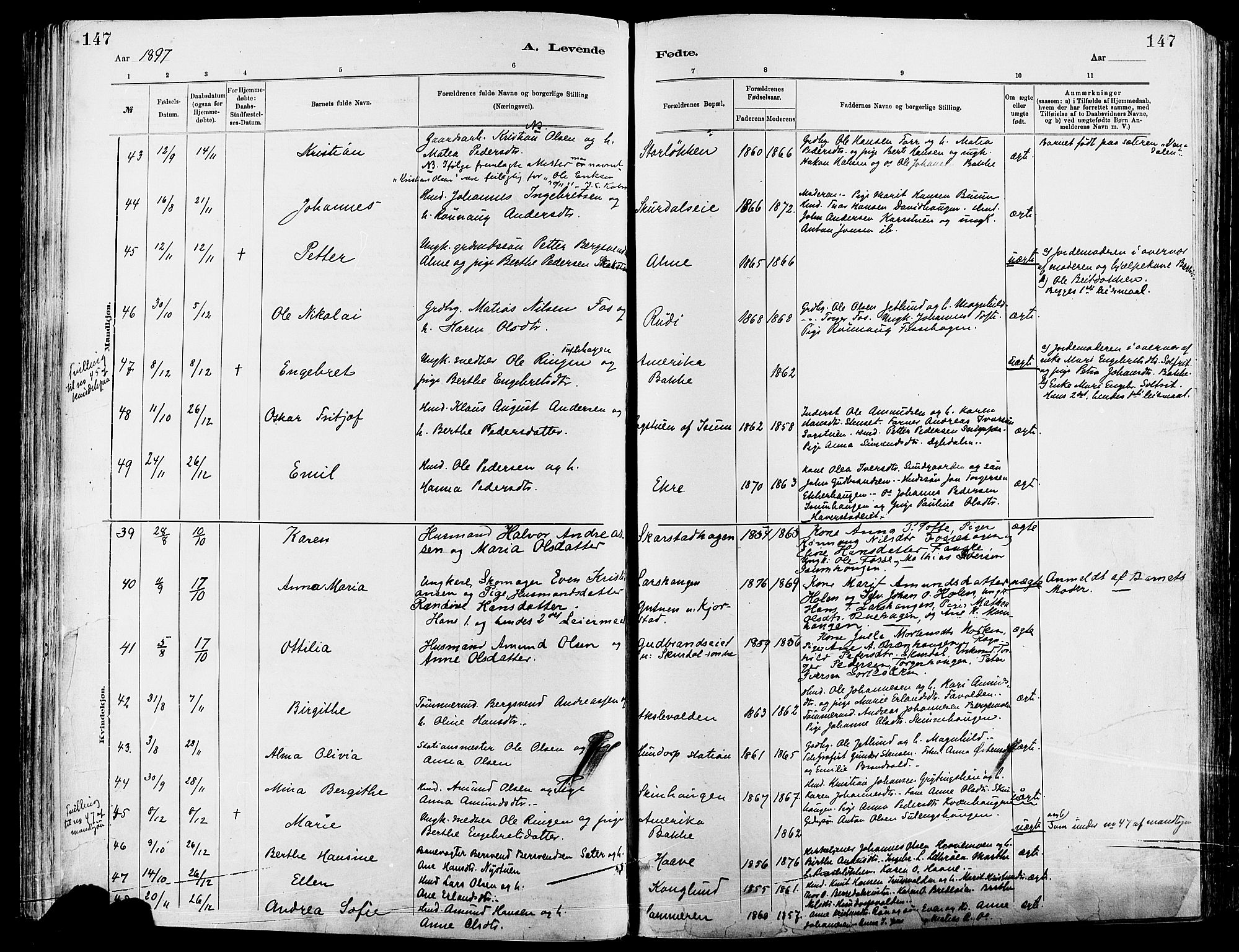 Sør-Fron prestekontor, AV/SAH-PREST-010/H/Ha/Haa/L0003: Parish register (official) no. 3, 1881-1897, p. 147