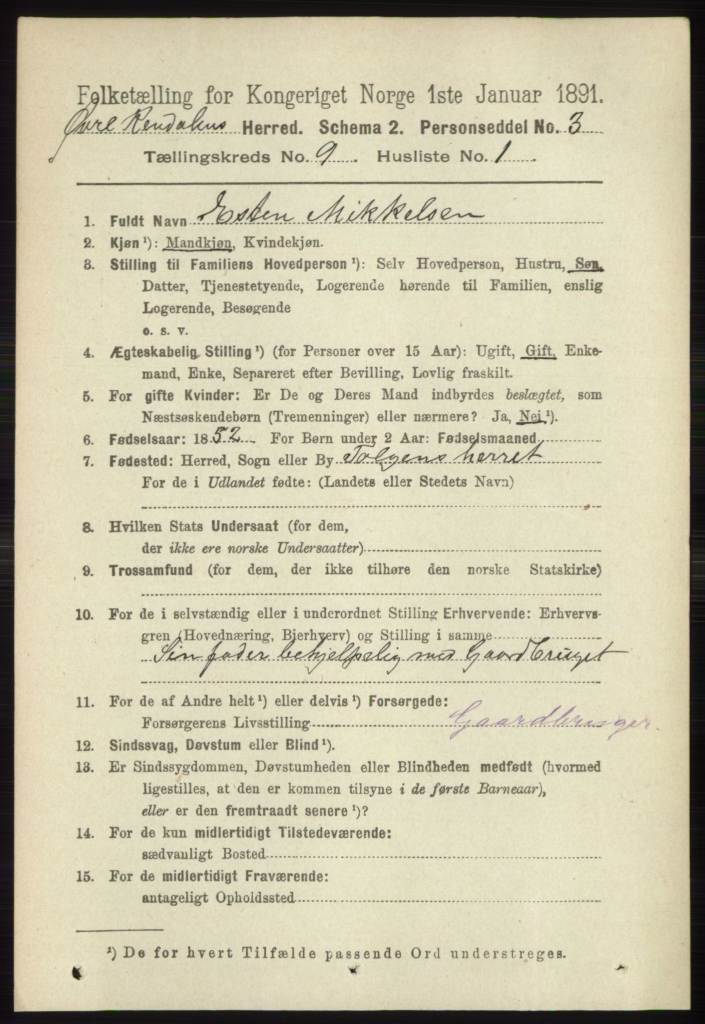 RA, 1891 census for 0433 Øvre Rendal, 1891, p. 2192