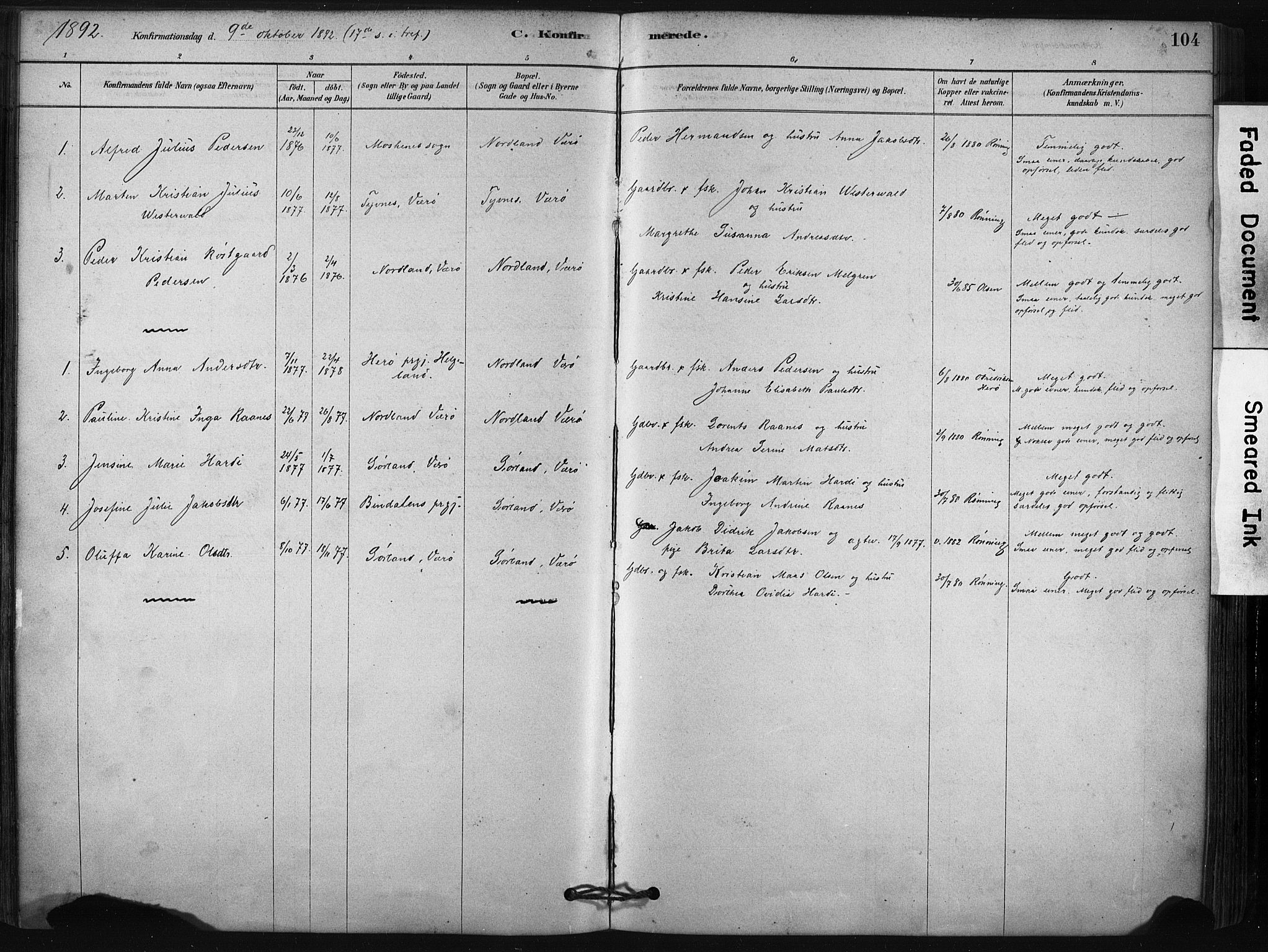 Ministerialprotokoller, klokkerbøker og fødselsregistre - Nordland, AV/SAT-A-1459/807/L0122: Parish register (official) no. 807A05, 1880-1902, p. 104