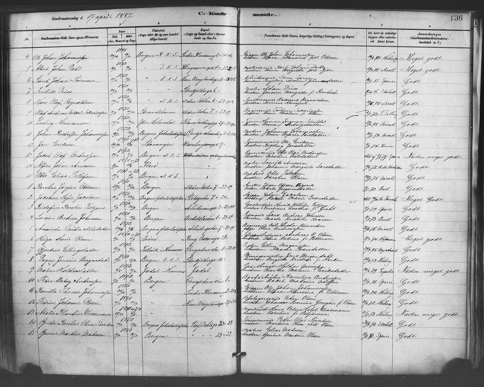 Mariakirken Sokneprestembete, SAB/A-76901/H/Haa/L0007: Parish register (official) no. A 7, 1878-1893, p. 136