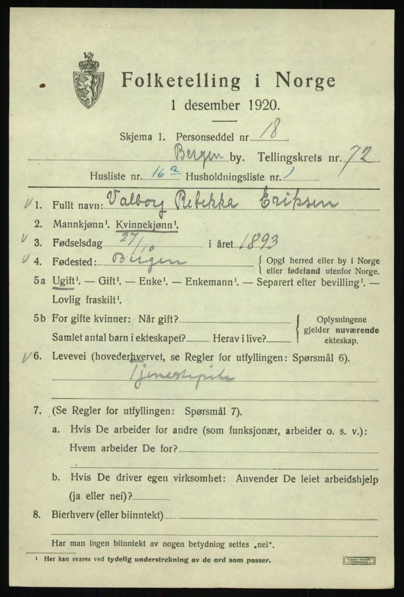 SAB, 1920 census for Bergen, 1920, p. 142370