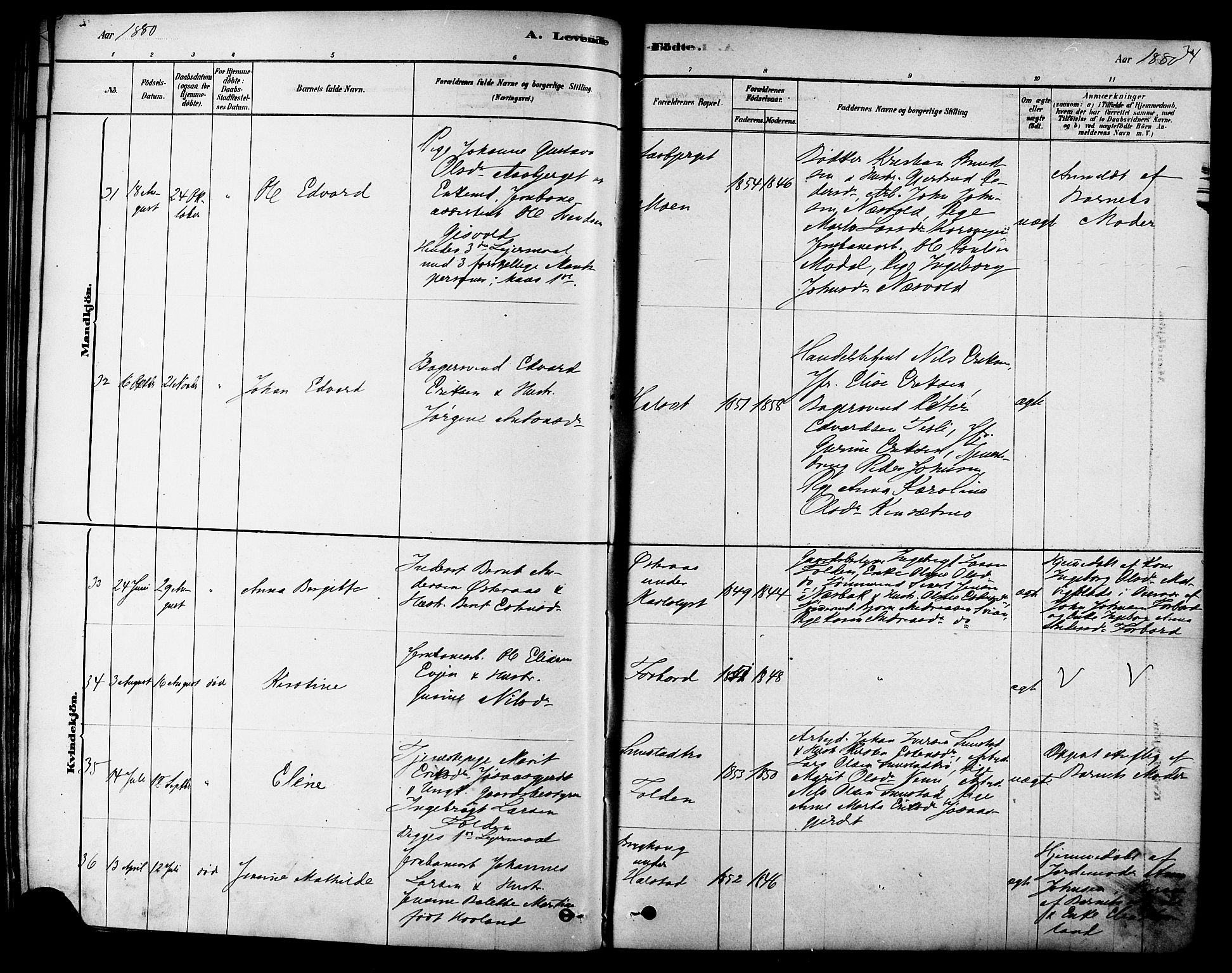 Ministerialprotokoller, klokkerbøker og fødselsregistre - Sør-Trøndelag, AV/SAT-A-1456/616/L0410: Parish register (official) no. 616A07, 1878-1893, p. 34