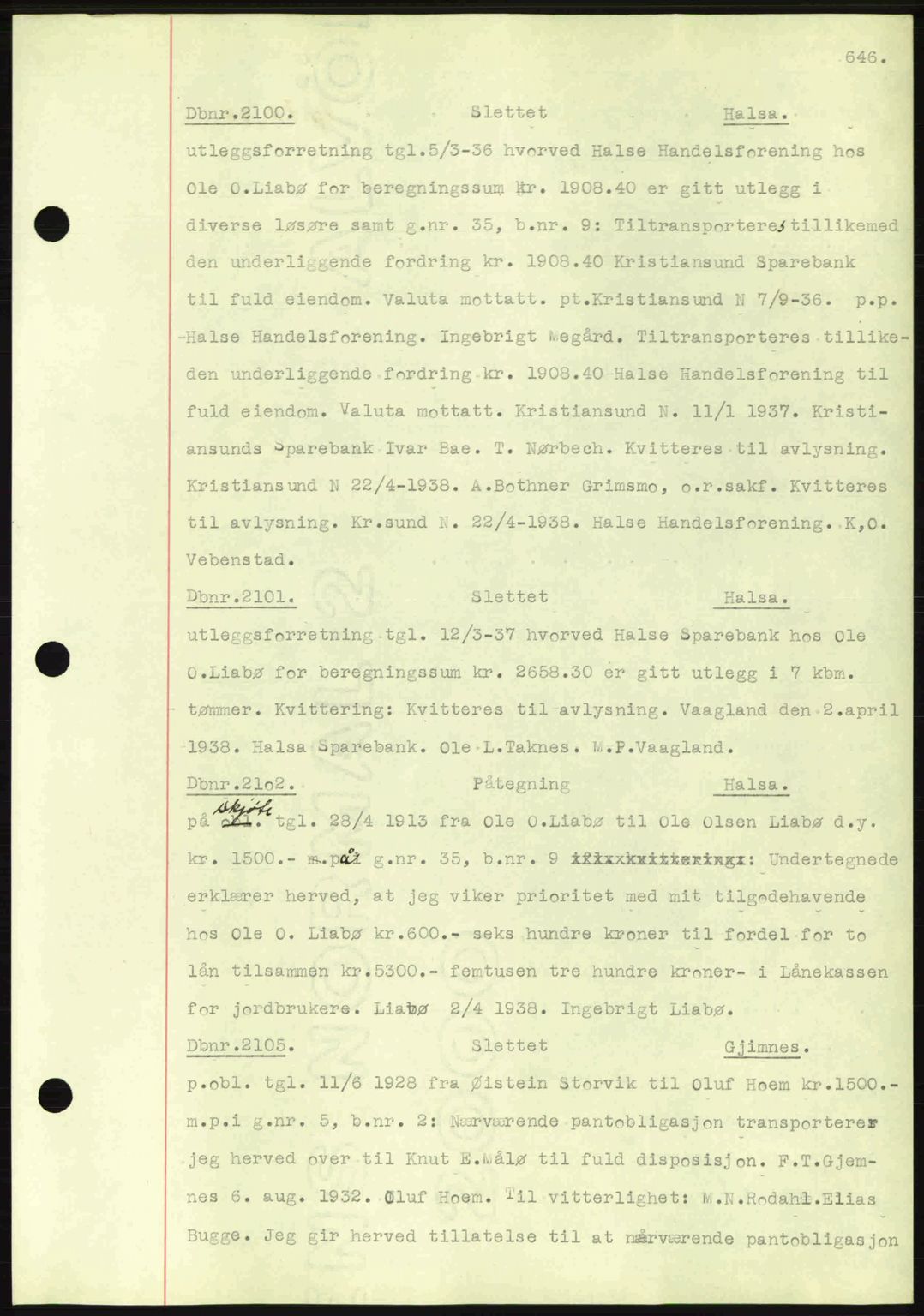 Nordmøre sorenskriveri, AV/SAT-A-4132/1/2/2Ca: Mortgage book no. C80, 1936-1939, Diary no: : 2100/1938