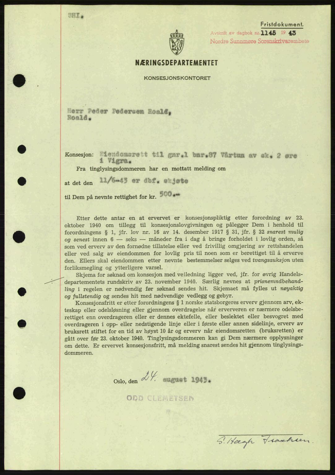 Nordre Sunnmøre sorenskriveri, SAT/A-0006/1/2/2C/2Ca: Mortgage book no. B6-14 a, 1942-1945, Diary no: : 1145/1943