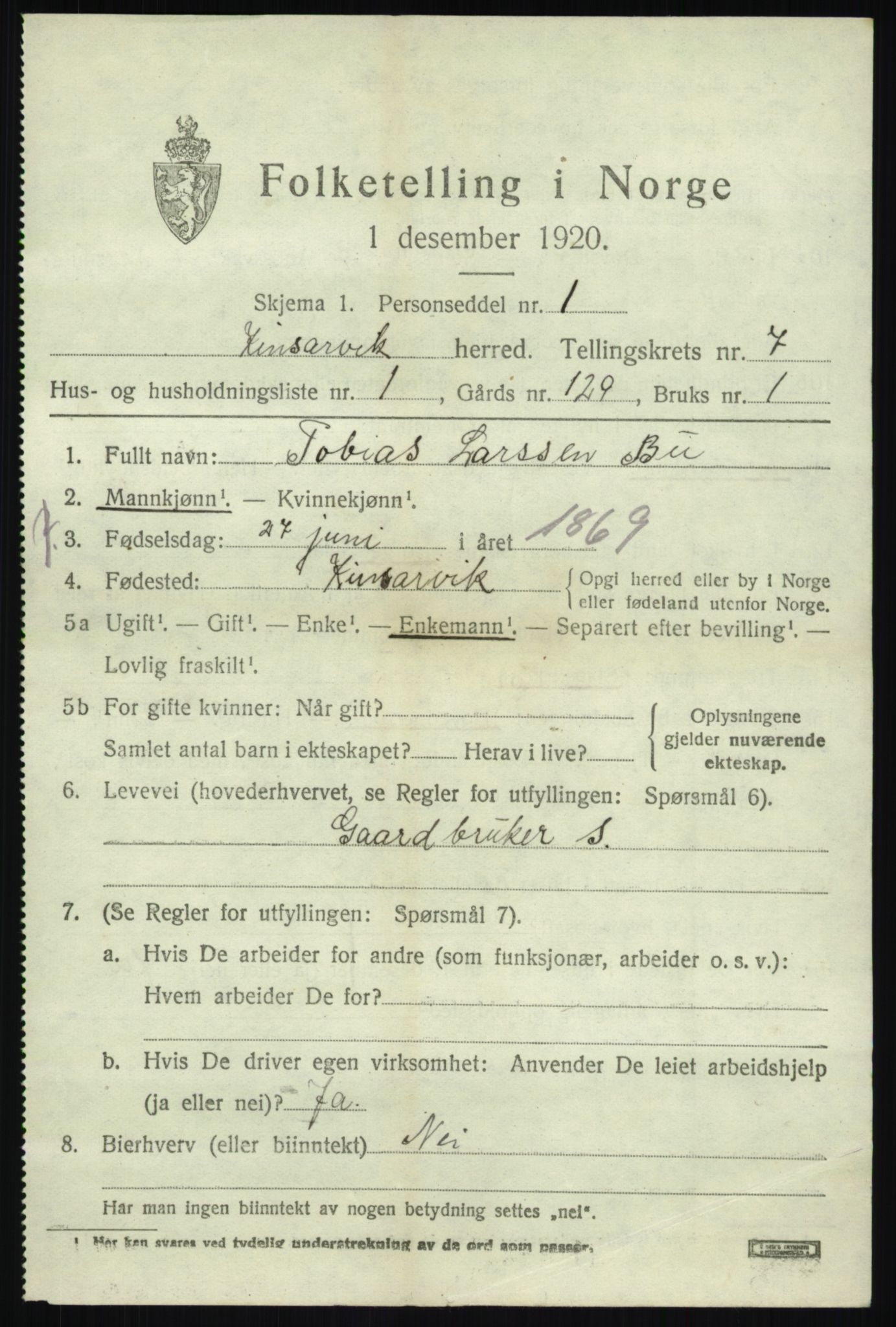 SAB, 1920 census for Kinsarvik, 1920, p. 3154