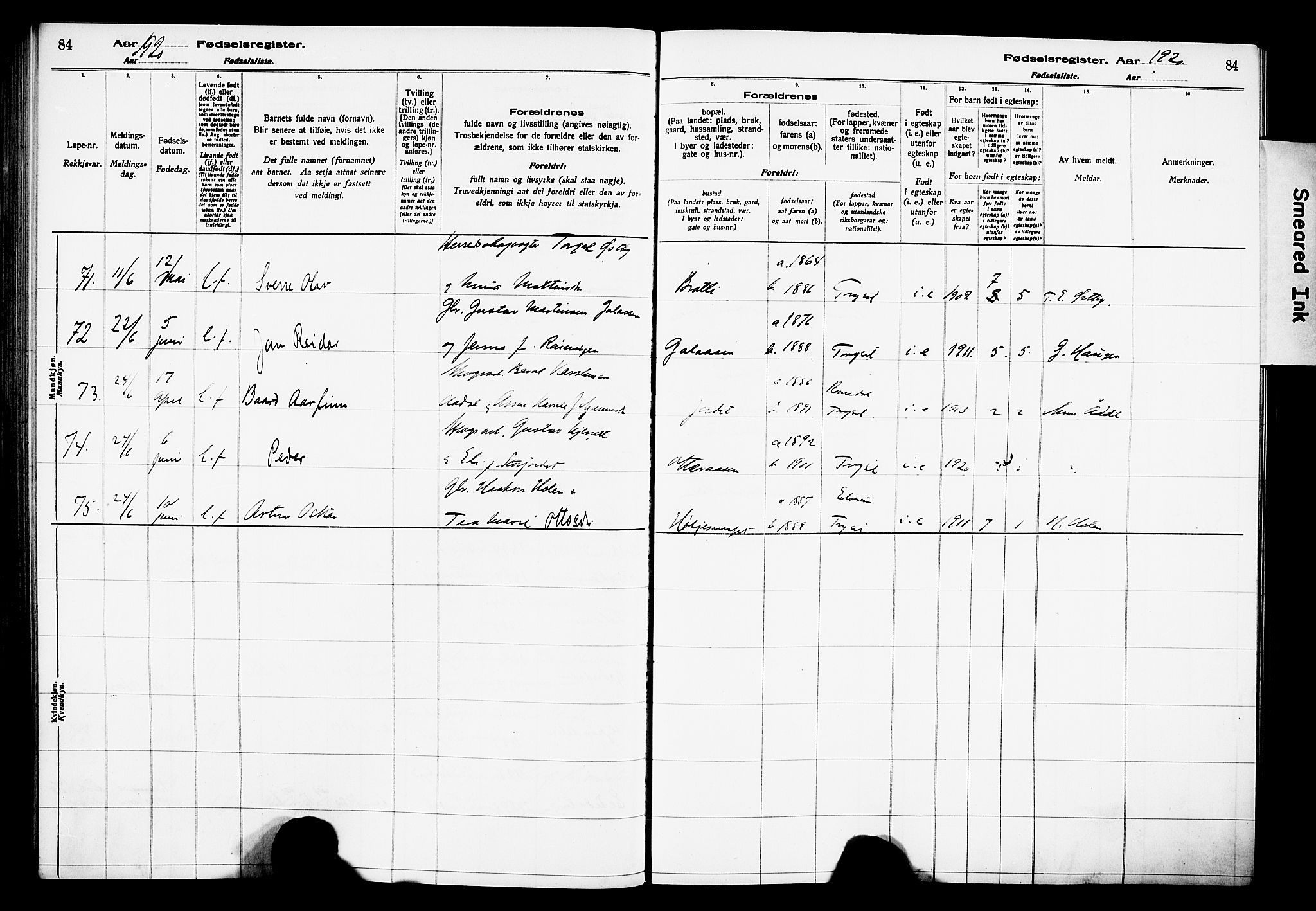 Trysil prestekontor, AV/SAH-PREST-046/I/Id/Ida/L0001: Birth register no. I 1, 1916-1927, p. 84