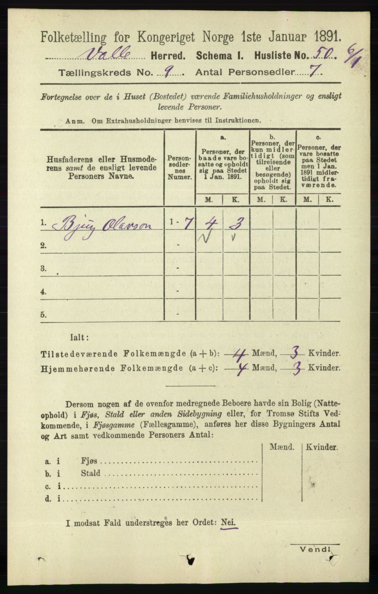 RA, 1891 census for 0940 Valle, 1891, p. 2437