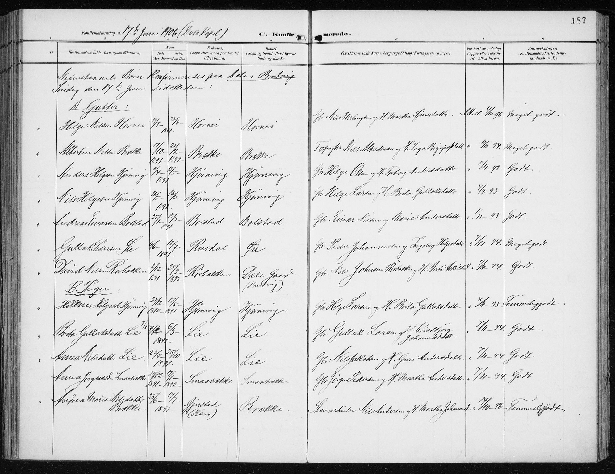 Evanger sokneprestembete, AV/SAB-A-99924: Parish register (official) no. A  3, 1900-1930, p. 187