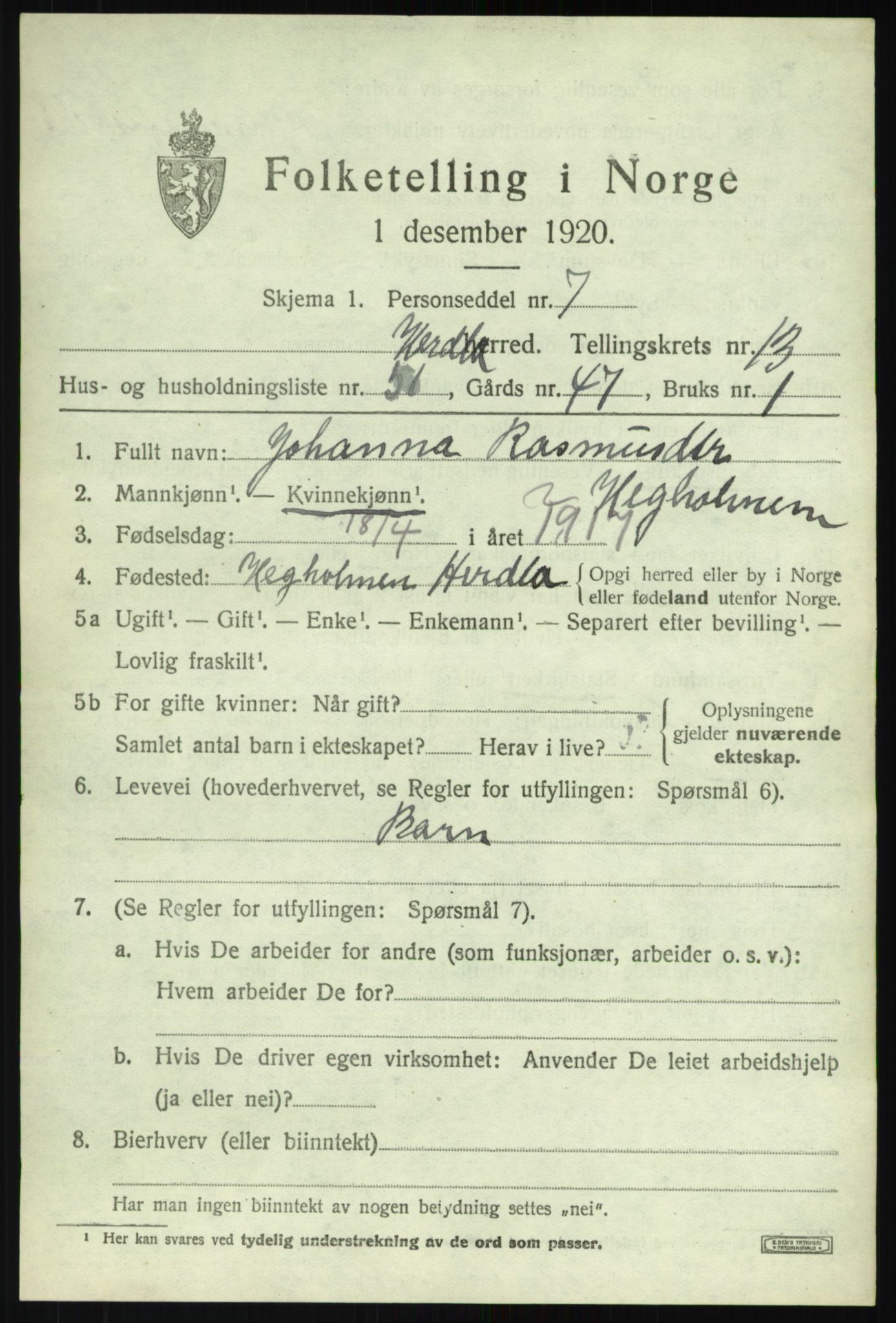 SAB, 1920 census for Herdla, 1920, p. 9683