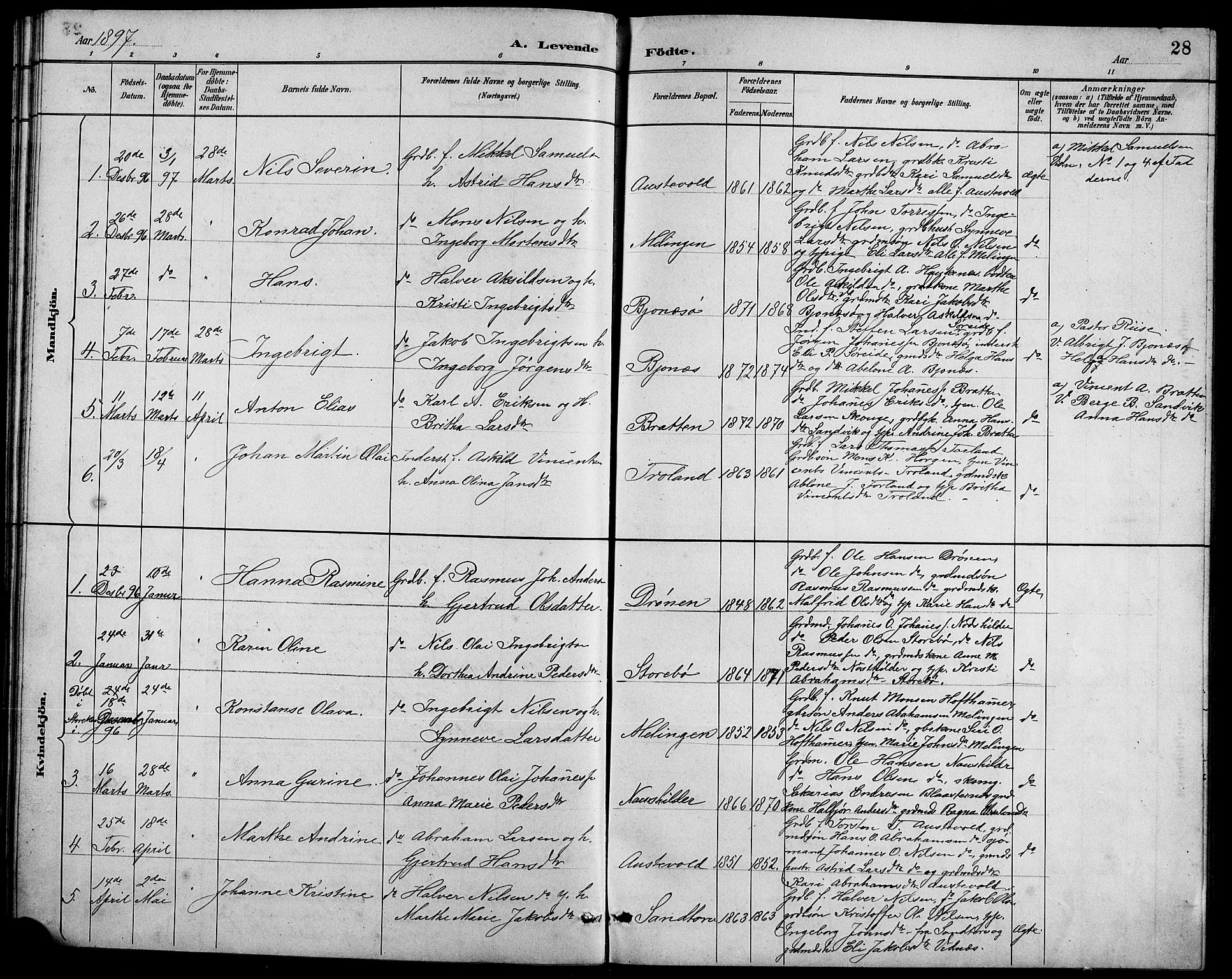 Austevoll Sokneprestembete, SAB/A-74201/H/Hab: Parish register (copy) no. A 3, 1889-1900, p. 28