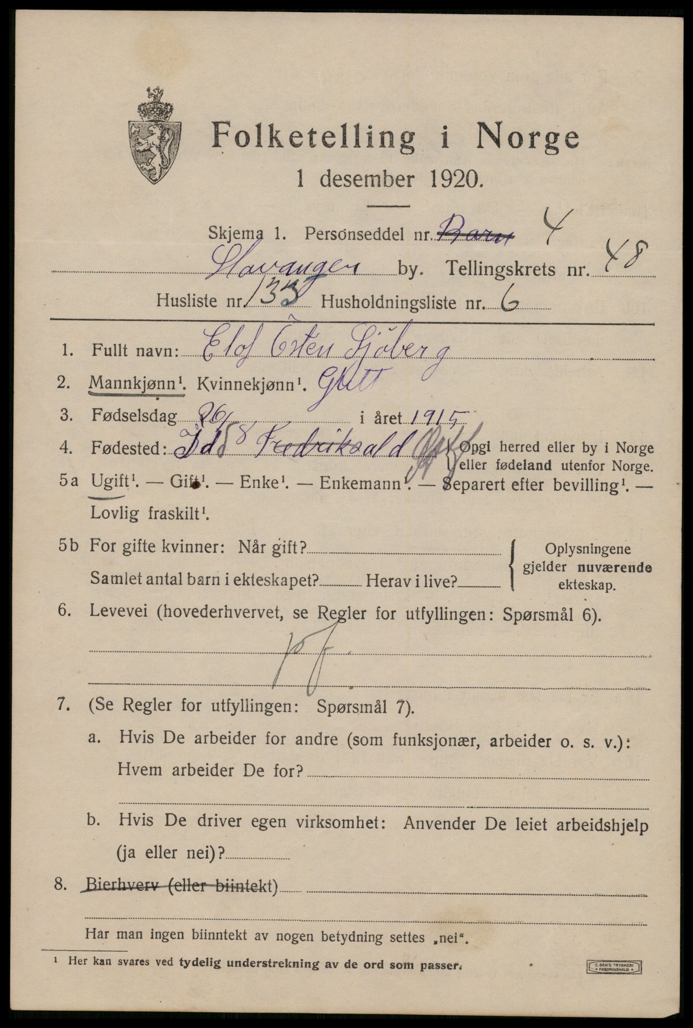 SAST, 1920 census for Stavanger, 1920, p. 118580