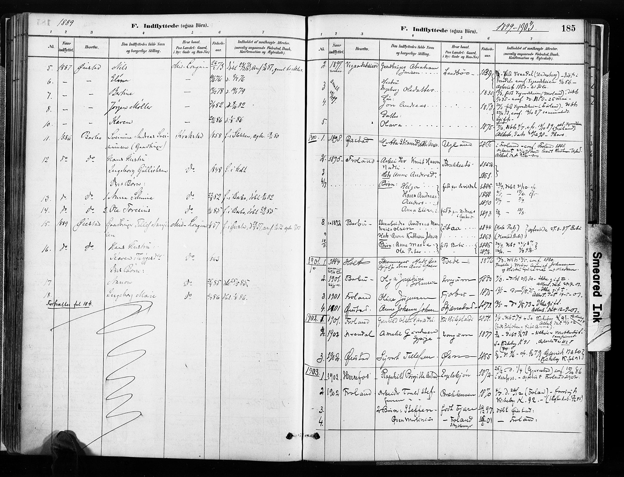Austre Moland sokneprestkontor, SAK/1111-0001/F/Fa/Faa/L0010: Parish register (official) no. A 10, 1880-1904, p. 185
