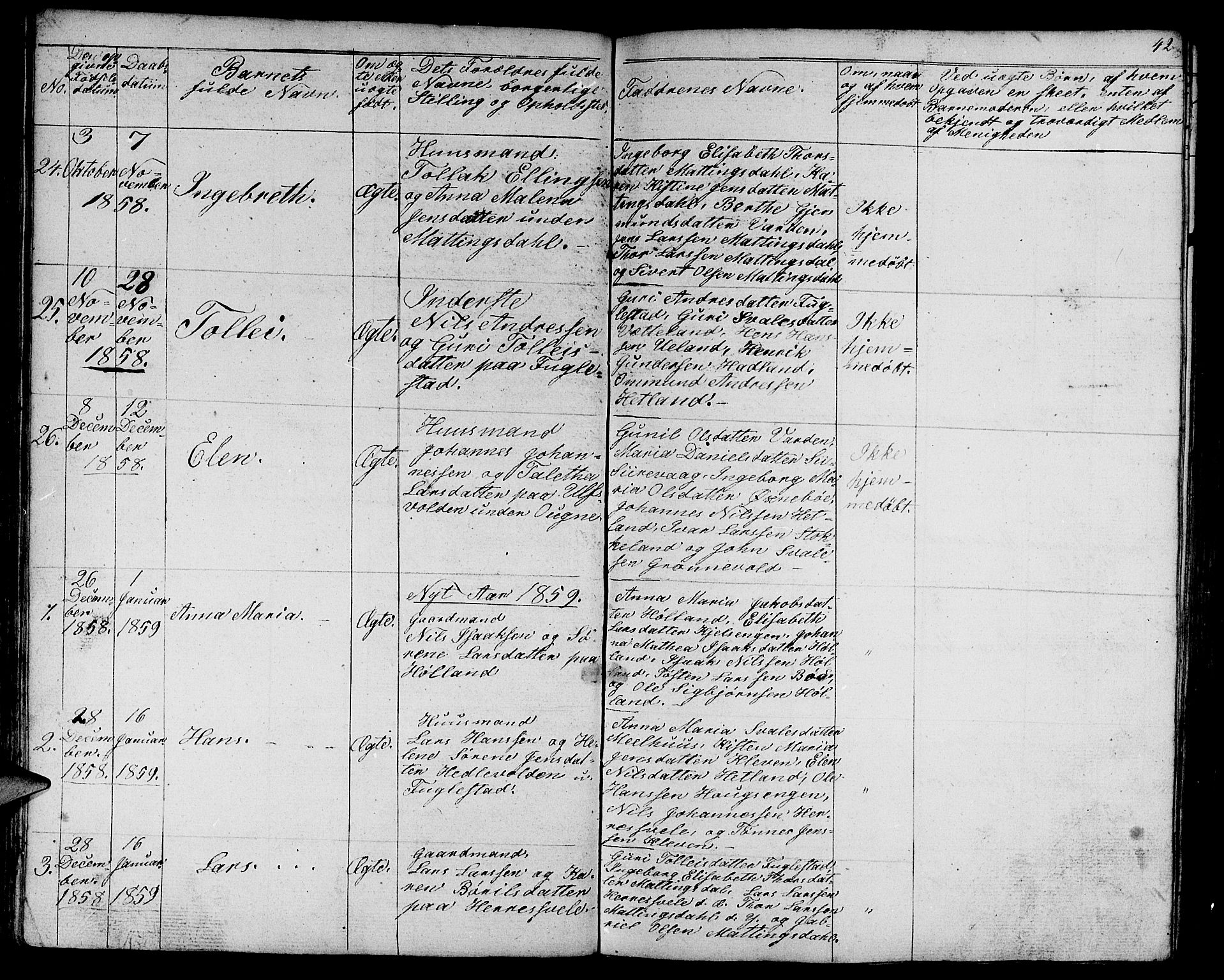 Eigersund sokneprestkontor, SAST/A-101807/S09/L0003: Parish register (copy) no. B 3, 1846-1875, p. 42