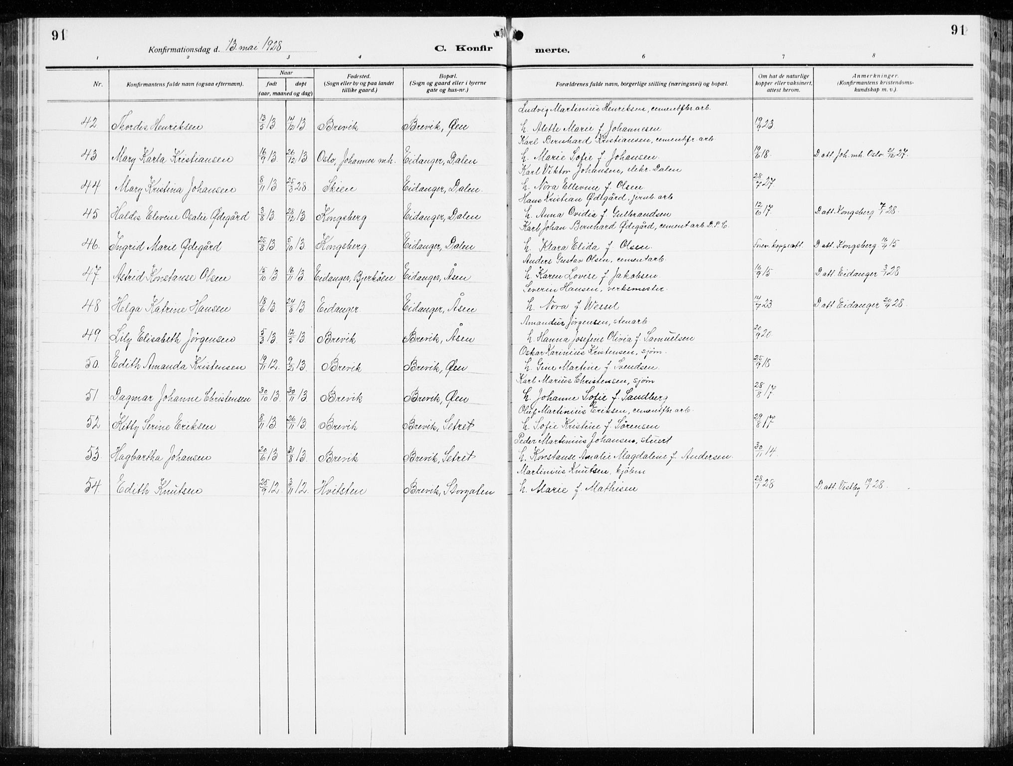 Brevik kirkebøker, SAKO/A-255/G/Ga/L0006: Parish register (copy) no. 6, 1922-1940, p. 91